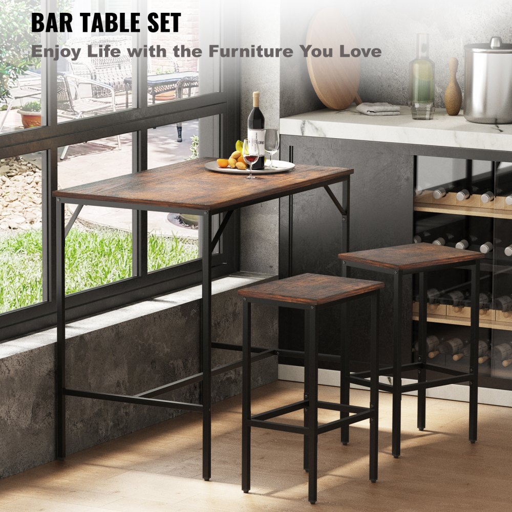 VEVOR bar table with bar stool set, dining group, bar table (1200 x 600 x 900 mm) with 2 bar stools (each 400 x 300 x 650 mm), industrial design, for dining room, living room, vintage brown counter table