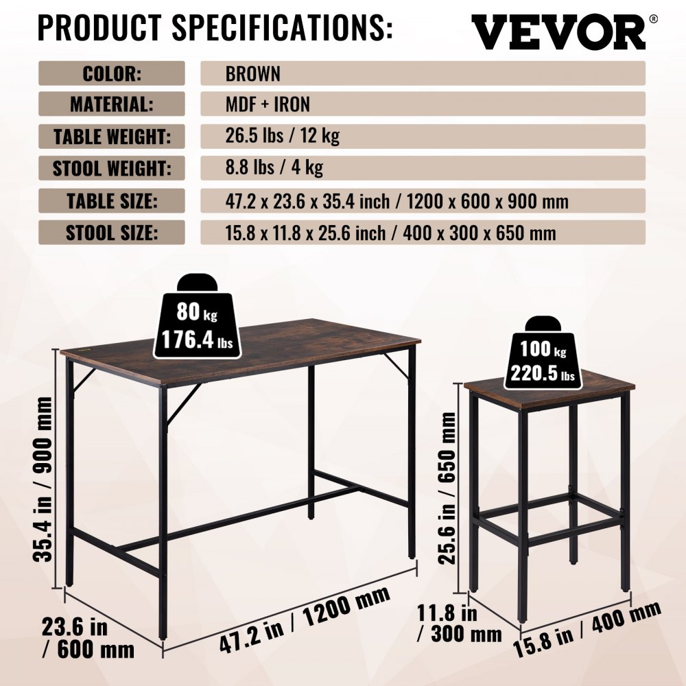 VEVOR bar table with bar stool set, dining group, bar table (1200 x 600 x 900 mm) with 2 bar stools (each 400 x 300 x 650 mm), industrial design, for dining room, living room, vintage brown counter table