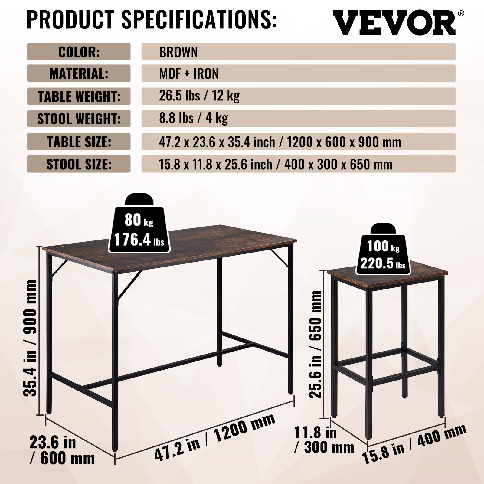 VEVOR bar table with bar stool set, dining group, bar table (1200 x 600 x 900 mm) with 2 bar stools (each 400 x 300 x 650 mm), industrial design, for dining room, living room, vintage brown counter table
