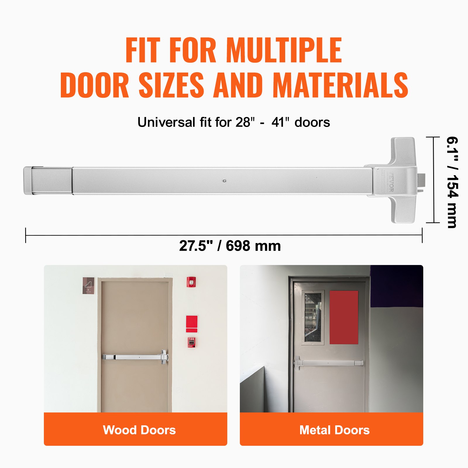 VEVOR Push Bar Door Locks, Carbon Steel Panic Bars for Exit Doors, with Exterior Lever and 3 Keys, Push Bar Panic Exit Device Door Hardware for Metal Wood Door, for Left and Right Handed Doors