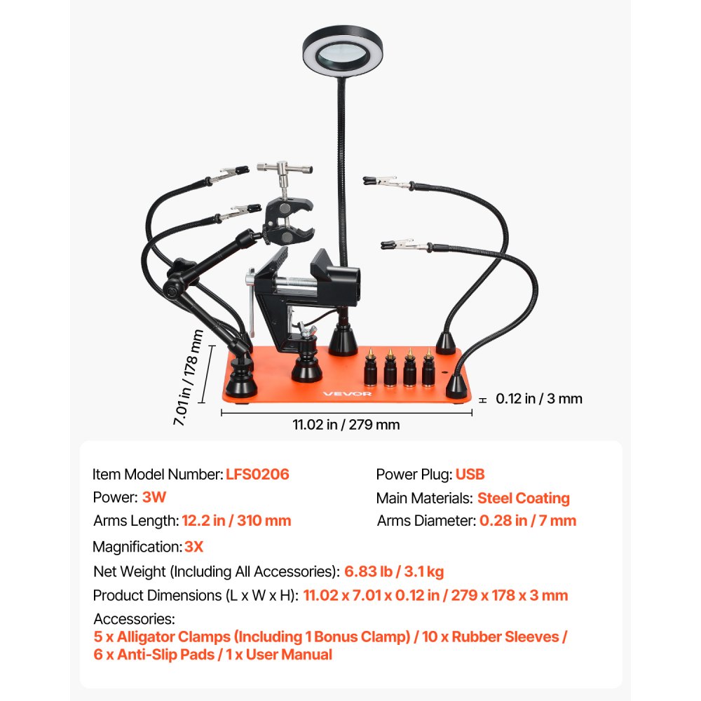 VEVOR Soldeerhulp Derde Hand, Magnetisch Soldeerstation, 4-armig handgereedschap, met bankschroef, 3x LED-vergrootlamp, 4 PCB-houders en 360-graden heteluchtpistoolhouder
