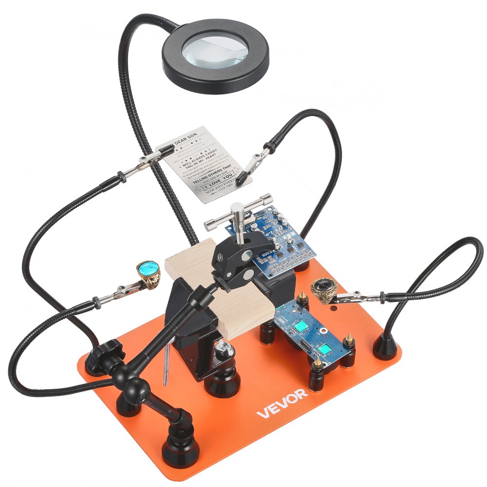 VEVOR Soldeerhulp Derde Hand, Magnetisch Soldeerstation, 4-armig handgereedschap, met bankschroef, 3x LED-vergrootlamp, 4 PCB-houders en 360-graden heteluchtpistoolhouder
