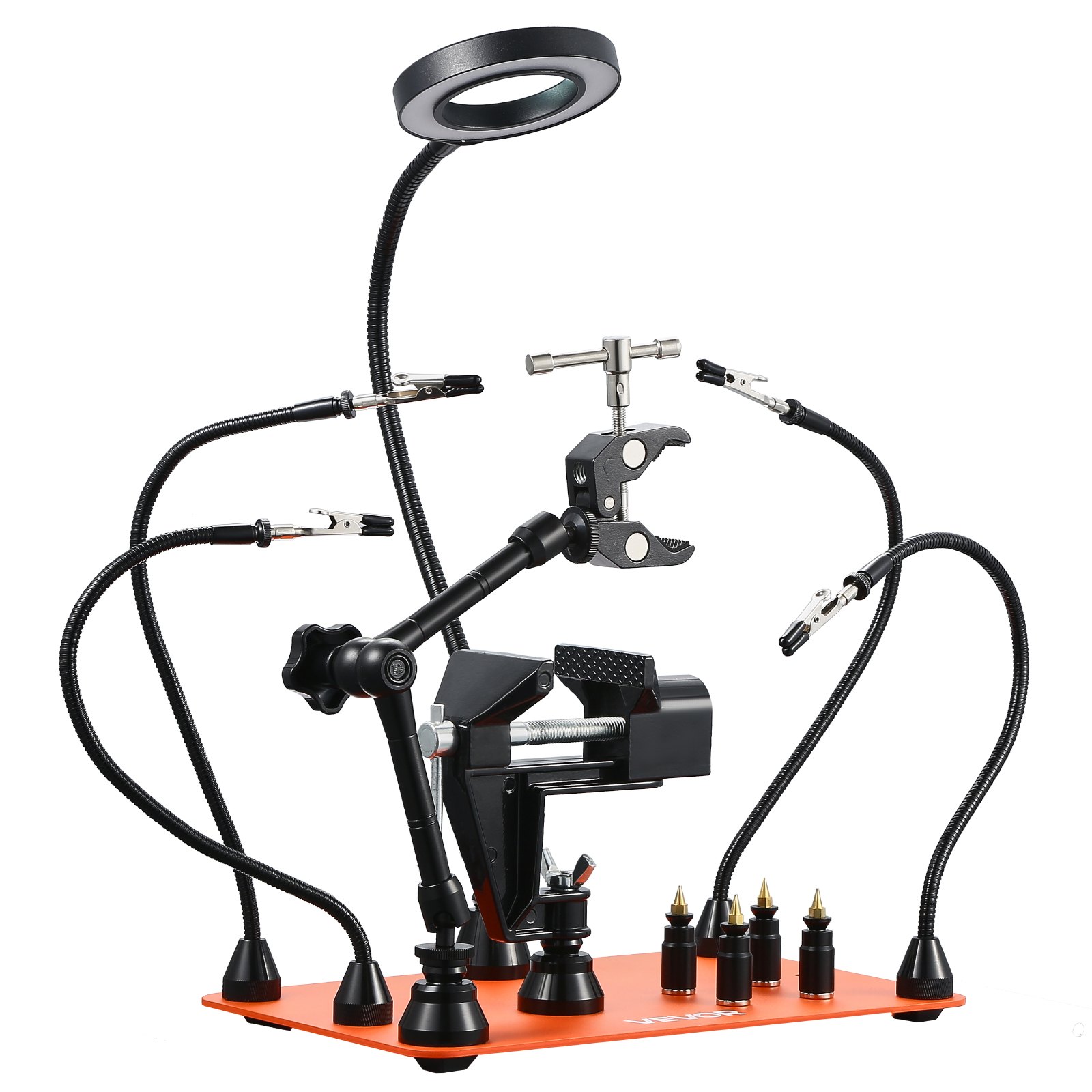 VEVOR Soldeerhulp Derde Hand, Magnetisch Soldeerstation, 4-armig handgereedschap, met bankschroef, 3x LED-vergrootlamp, 4 PCB-houders en 360-graden heteluchtpistoolhouder