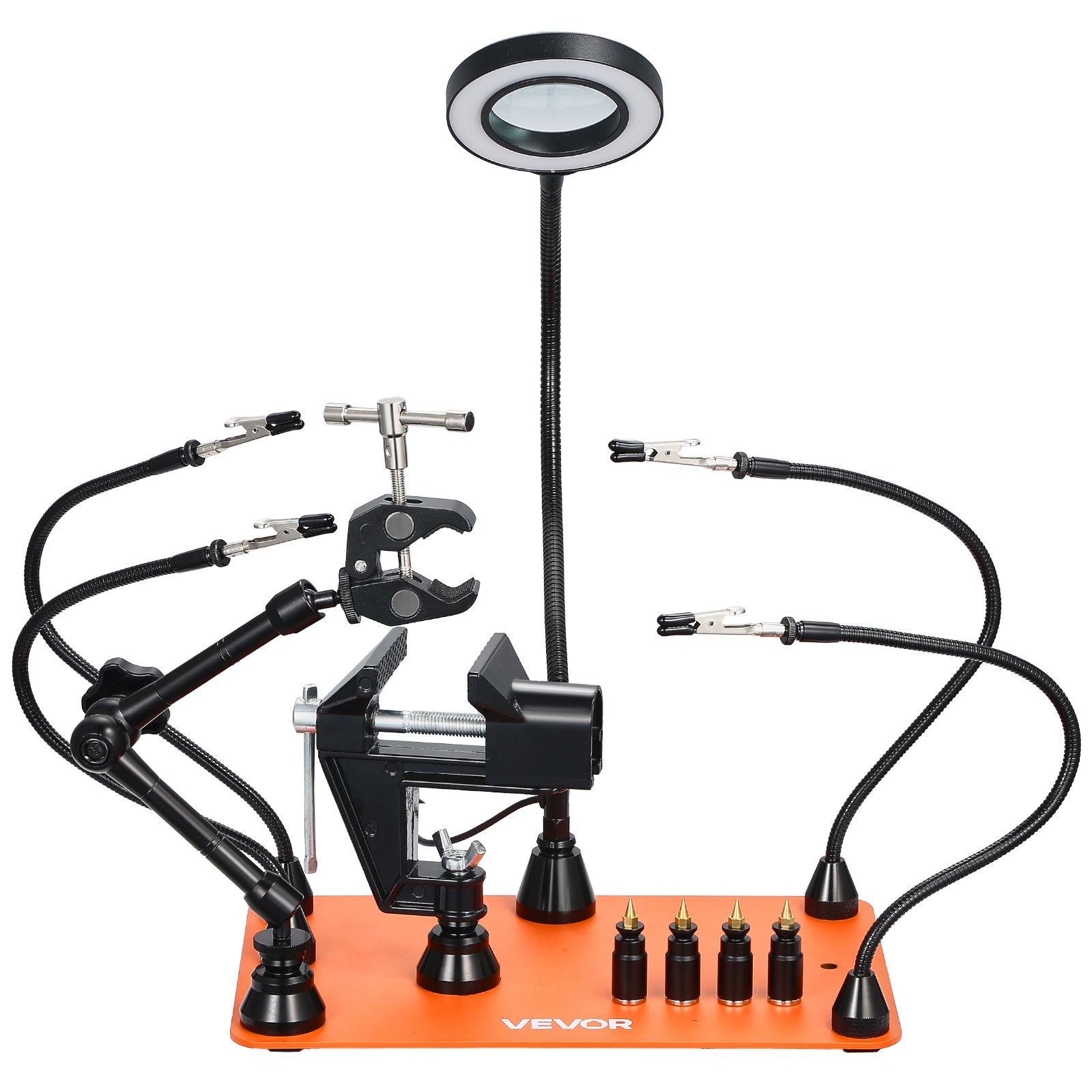 VEVOR Soldeerhulp Derde Hand, Magnetisch Soldeerstation, 4-armig handgereedschap, met bankschroef, 3x LED-vergrootlamp, 4 PCB-houders en 360-graden heteluchtpistoolhouder
