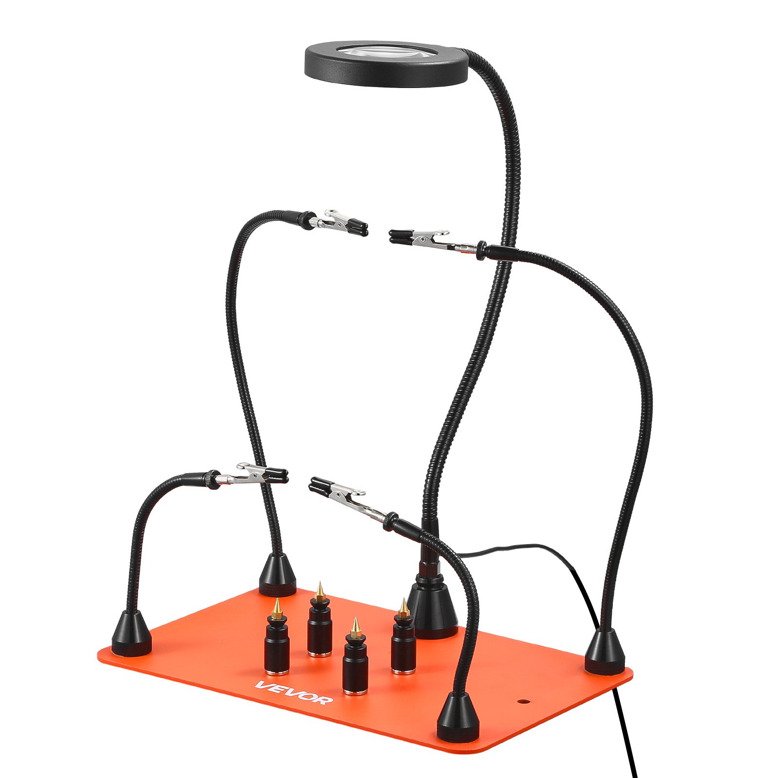 VEVOR Soldeerhulp Derde Hand, Magnetisch Soldeerstation, Soldeergereedschap met 4 Flexibele Armen, met LED-Vergrootlamp, 4 PCB-kolomhouders & Basis, voor Reparaties, Knutselen, Hobby's, Doe-het-zelf