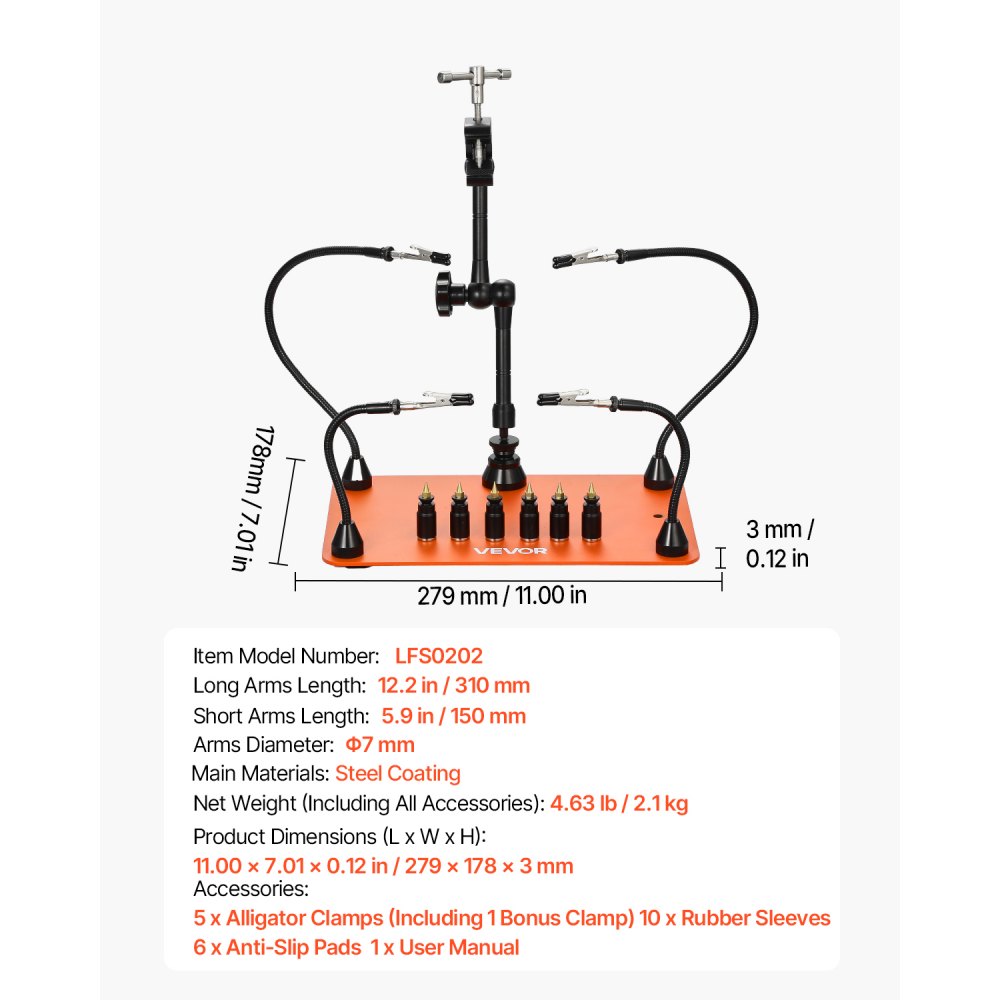 VEVOR Soldeerhulp Derde Hand, Magnetisch Soldeerstation, 4 Flexibele Armen, met 6 PCB-kolomhouders en 360-graden heteluchtpistoolhouder, Helpende Hand voor Elektronische Reparatiewerkzaamheden, 279 x 178 x 3mm
