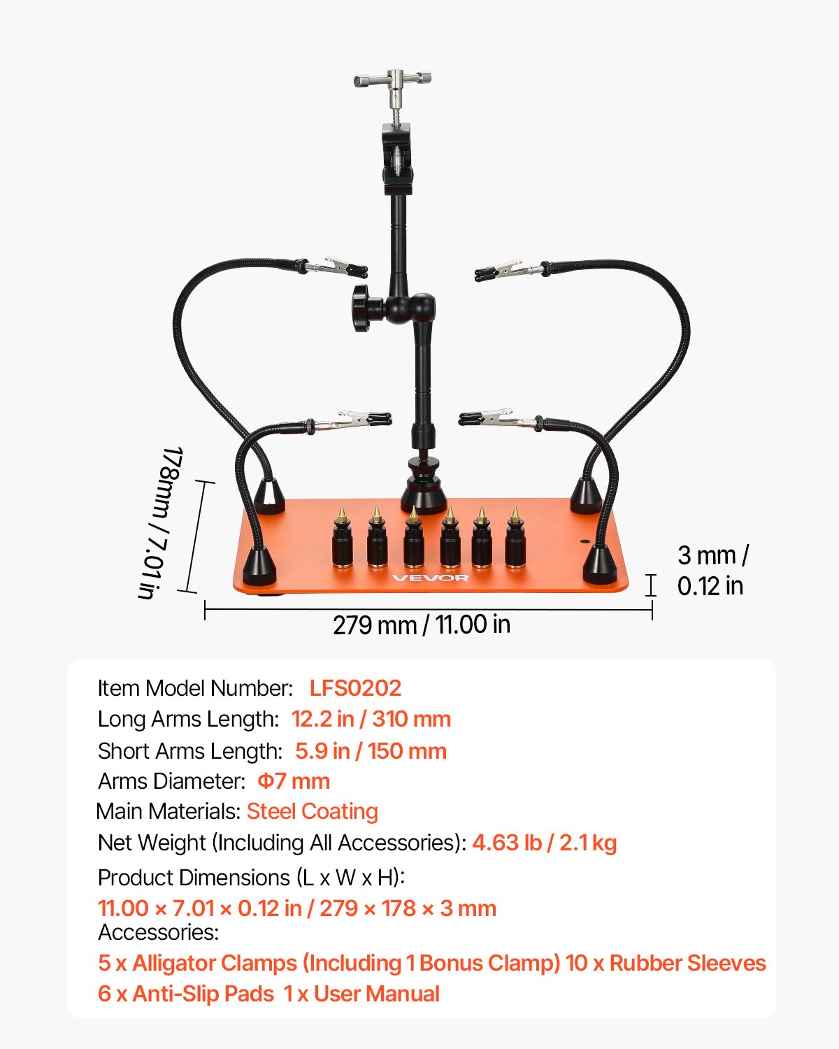 VEVOR Soldeerhulp Derde Hand, Magnetisch Soldeerstation, 4 Flexibele Armen, met 6 PCB-kolomhouders en 360-graden heteluchtpistoolhouder, Helpende Hand voor Elektronische Reparatiewerkzaamheden, 279 x 178 x 3mm