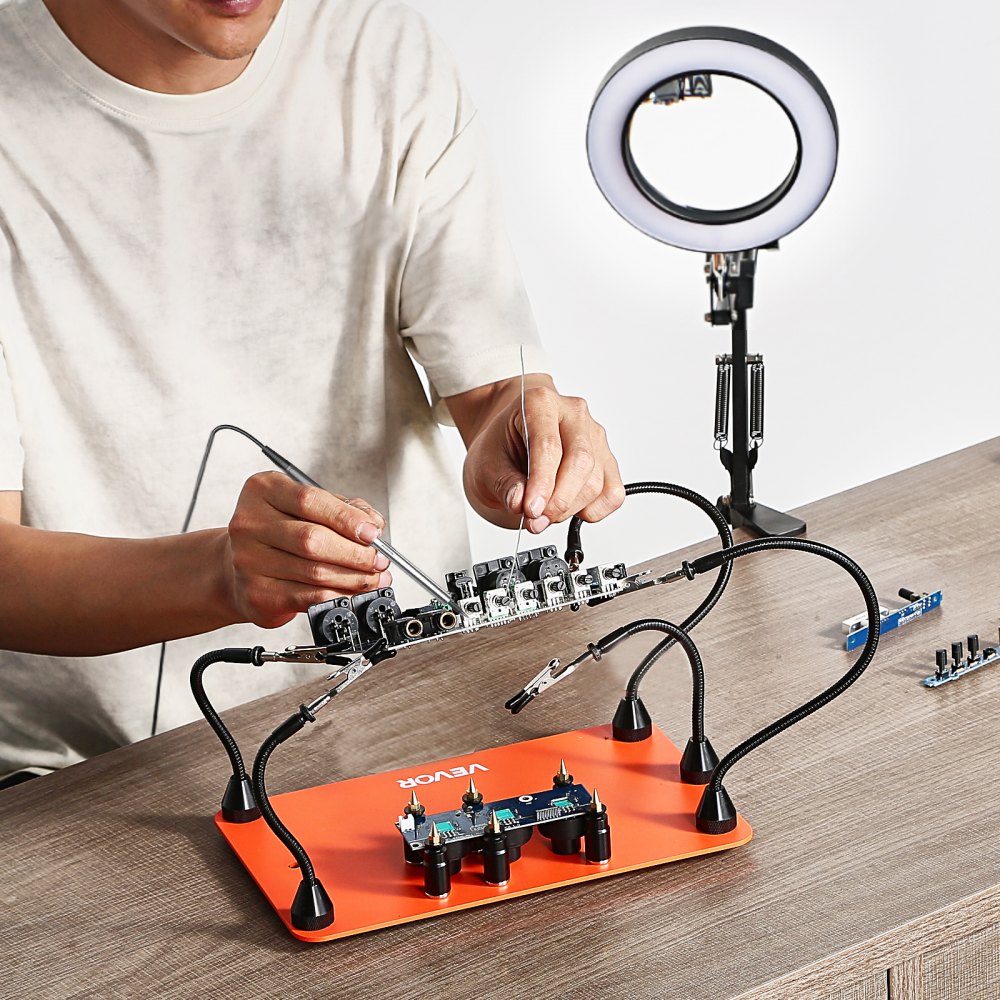 VEVOR Soldeerhulp Derde Hand, Magnetisch Soldeerstation, 2-in-1 Soldeergereedschap met 3x LED-vergrootlamp en 5 flexibele armen, 6 printplaathouders, basisstation voor elektronische reparaties