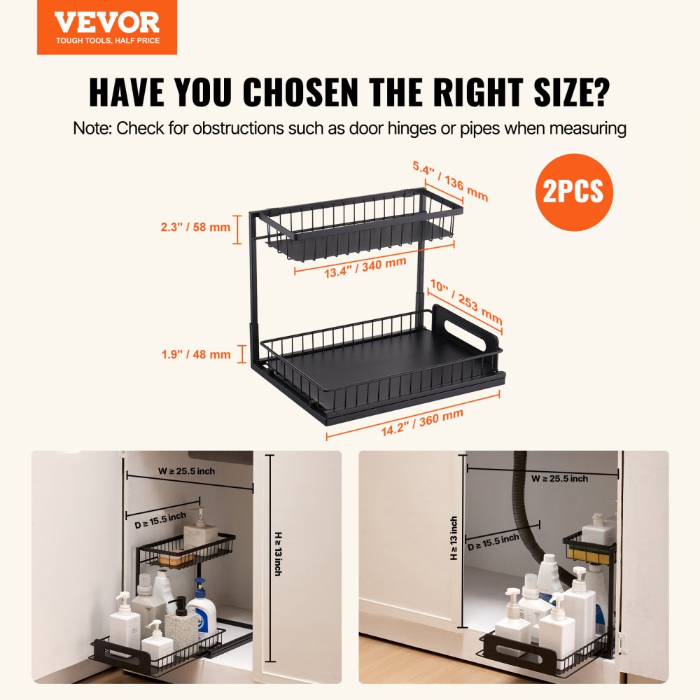 VEVOR 2 Tier Pull Out Cabinet Organizer(10.7"W x 14.2"D ), Under Sink Organizer and Storage, Slide Out Drawer Cabinet Organizer, Wire Basket Shelf, 25.5"Wx15.5"Dx13"H Install Size for Cabinet (2 Pack)