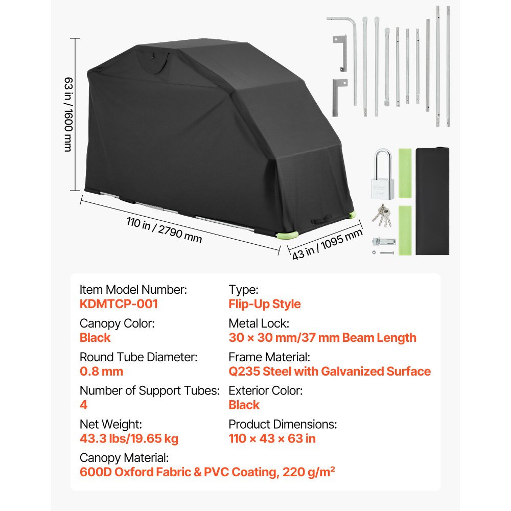 VEVOR Motorcycle Storage Shelter with Security Lock, 600D Oxford Flip-Up Garage Tent, Heavy-Duty All-Weather Motorcycle Cover with Ventilation Windows, 110 x 43 x 63 in Outdoor Vehicle Shelter, Black