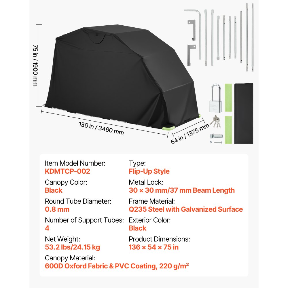 VEVOR Motorcycle Storage Shelter with Security Lock, 600D Oxford Flip-Up Garage Tent, Heavy-Duty All-Weather Motorcycle Cover with Ventilation Windows, 136x54x75 in Outdoor Vehicle Shelter, Black