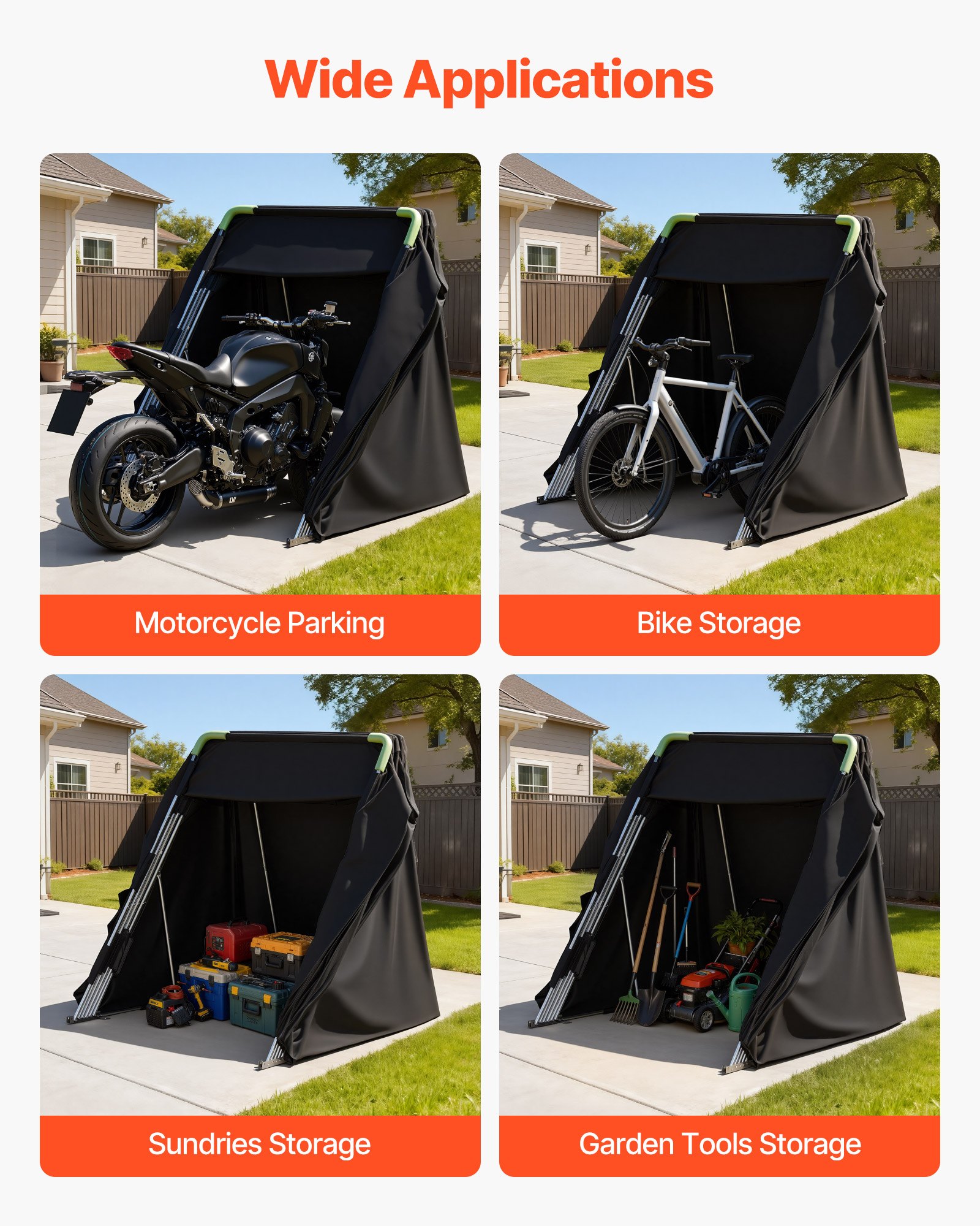 VEVOR Motorcycle Storage Shelter with Security Lock, 600D Oxford Flip-Up Garage Tent, Heavy-Duty All-Weather Motorcycle Cover with Ventilation Windows, 136x54x75 in Outdoor Vehicle Shelter, Black