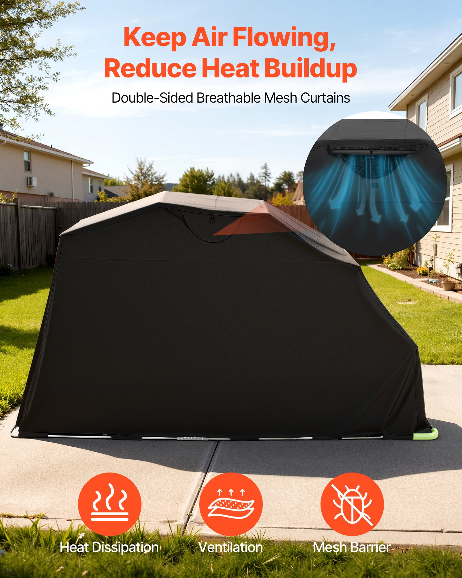 VEVOR Motorcycle Storage Shelter with Security Lock, 600D Oxford Flip-Up Garage Tent, Heavy-Duty All-Weather Motorcycle Cover with Ventilation Windows, 136x54x75 in Outdoor Vehicle Shelter, Black