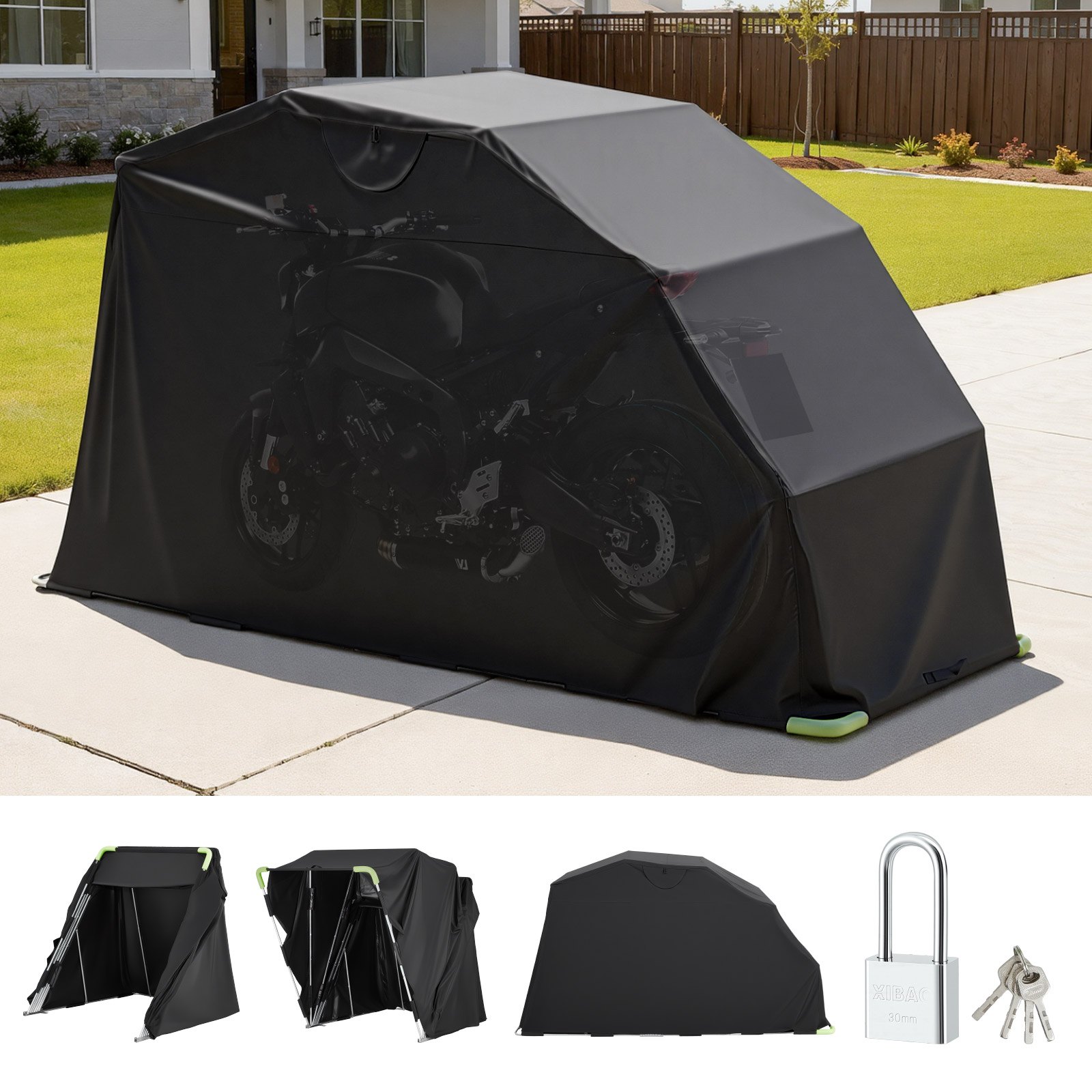 VEVOR Motorcycle Storage Shelter with Security Lock, 600D Oxford Flip-Up Garage Tent, Heavy-Duty All-Weather Motorcycle Cover with Ventilation Windows, 136x54x75 in Outdoor Vehicle Shelter, Black