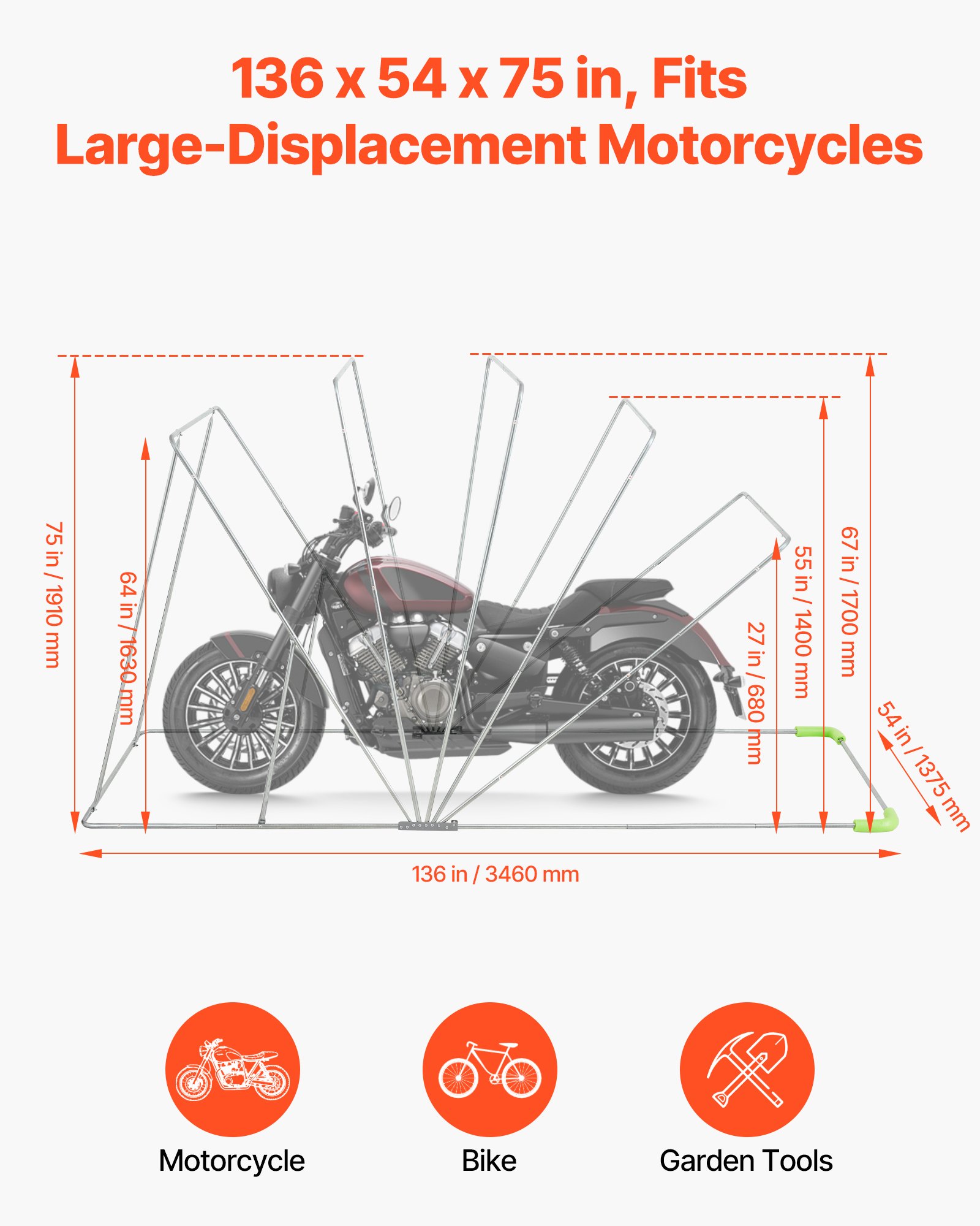 VEVOR Motortentgarage, Motorhoes 3460x1375x1900 mm, Motorgarage met veiligheidsslot, 600D Oxford vouwtent, Weerbestendige motorhoes met ventilatieramen, Zwart