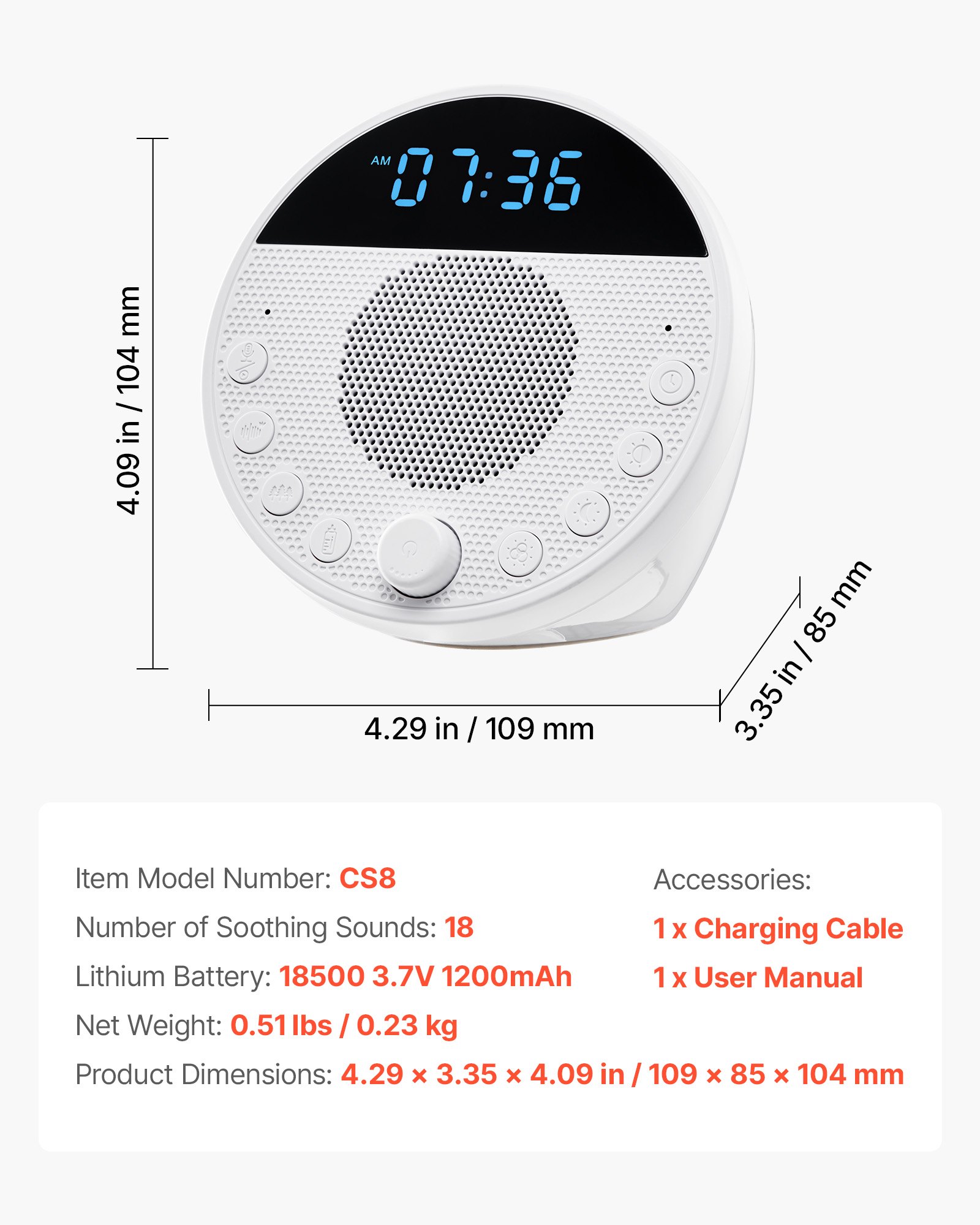 VEVOR Slaaphulpmiddel, White Noise Machine, 18 muzieknummers en 7-kleuren nachtlampje, 5-in-1 geluidsmachine met White Noise, 2 alarmen, automatische uitschakeling en geheugenfunctie, ruismaker