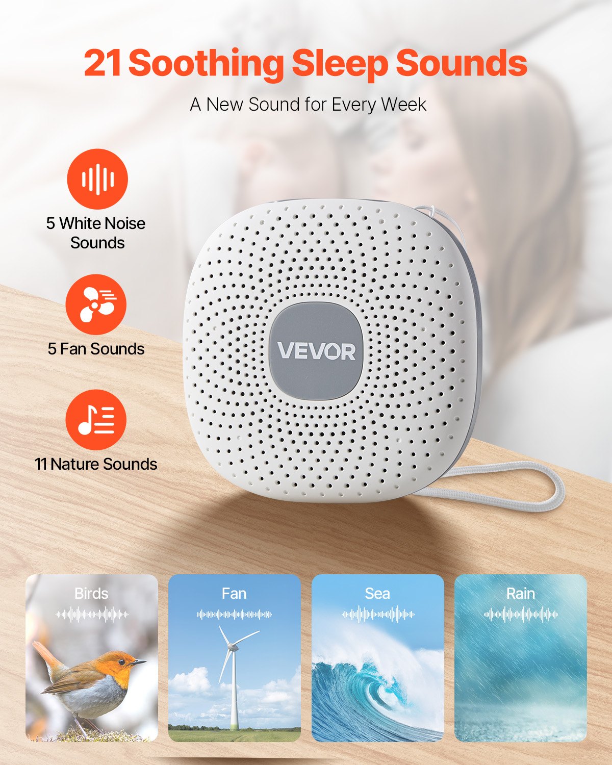 VEVOR Slaaphulpmiddel, White Noise Machine, 21 muzieknummers, 3-in-1 geluidsmachine met White Noise, automatische uitschakeling, zachte ringlamp en geheugenfunctie, ruismaker