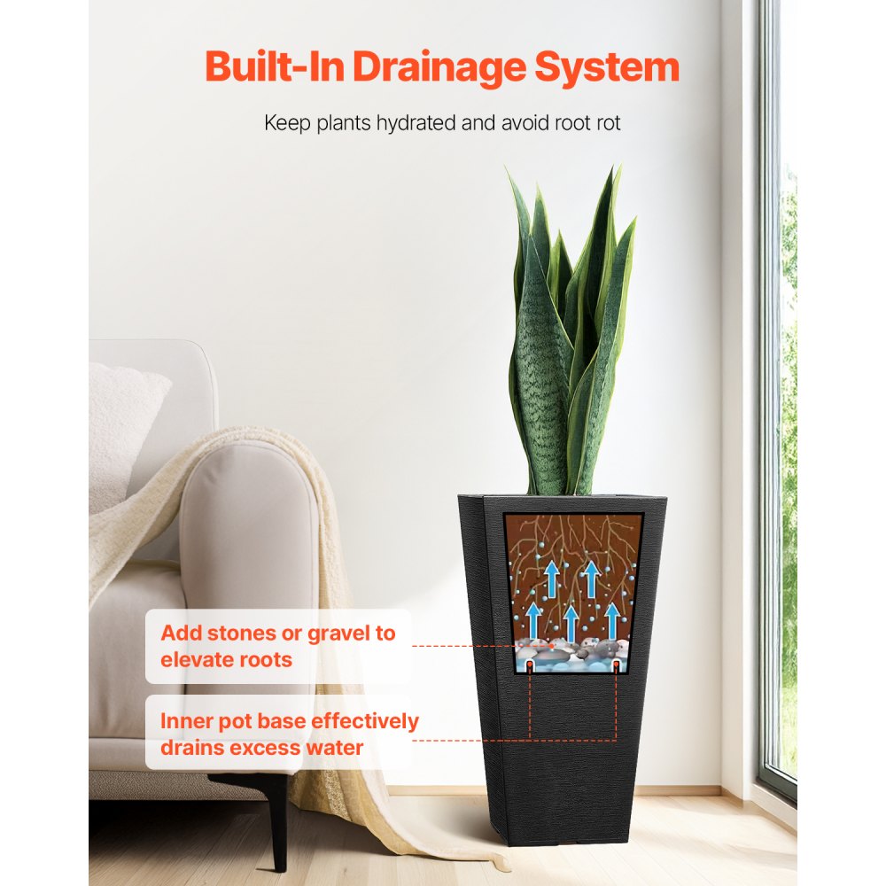 VEVOR Bloempot, Set van 2, Grote Bloempot 570 mm, Modern Design, Geïntegreerd Efficiënt Drainagesysteem, Plantenbak, Bloempot, Pot voor Veranda, Terras, Buiten, Binnen, Zwart