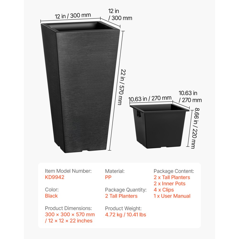 VEVOR Bloempot, Set van 2, Grote Bloempot 570 mm, Modern Design, Geïntegreerd Efficiënt Drainagesysteem, Plantenbak, Bloempot, Pot voor Veranda, Terras, Buiten, Binnen, Zwart