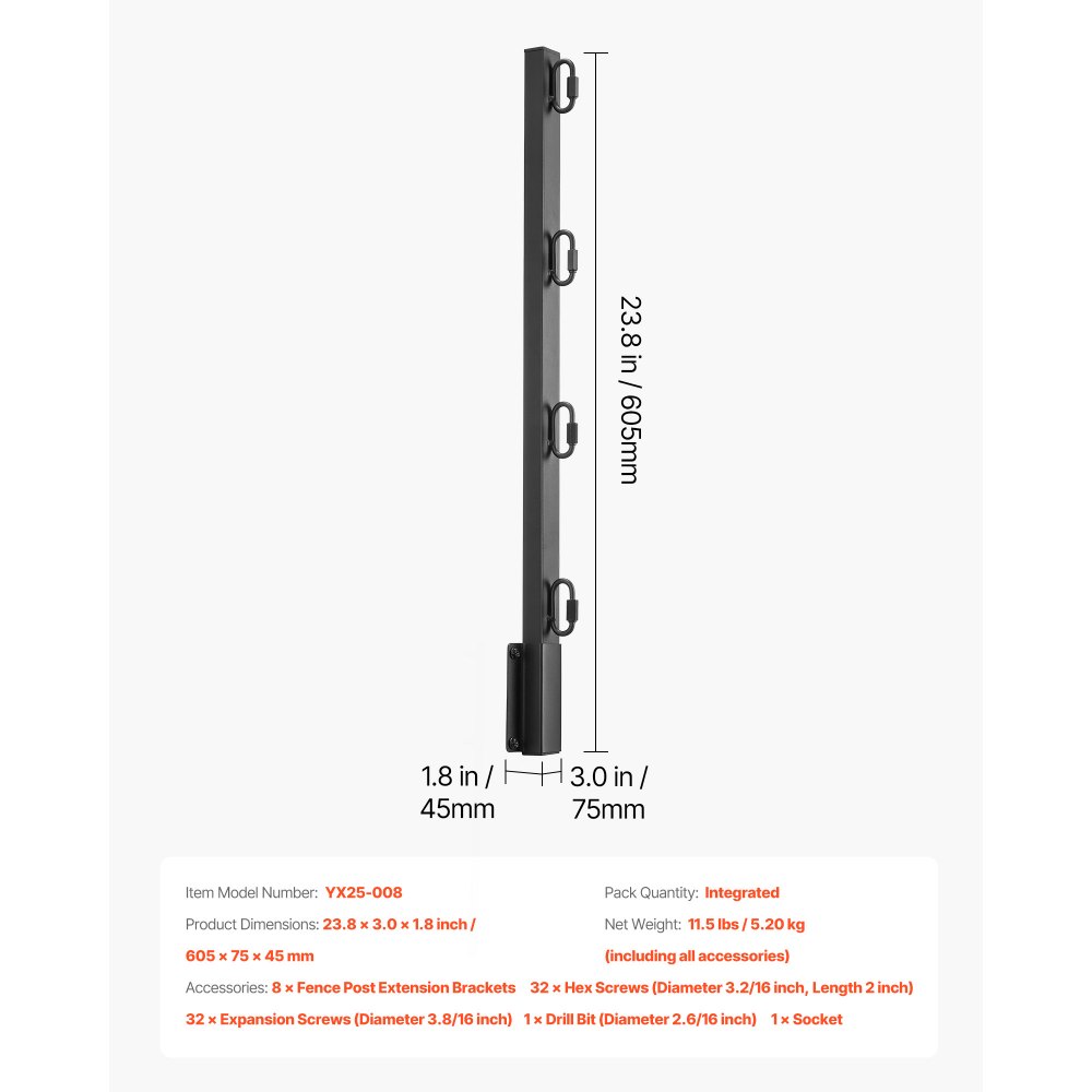 VEVOR Fence Post Extender, 8 Packs 23.8 in Barbed Wire Arm, Sturdy Steel Fence Height Extender, Flat or Surface Mounted Barbed Wire Extension Arms, Protect Privacy and Prevent Pets Jumping Off