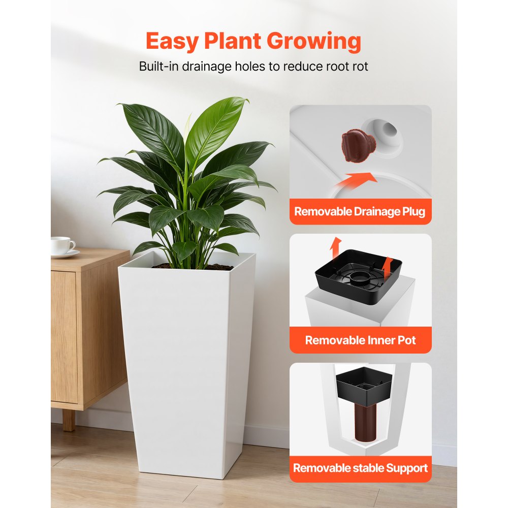 VEVOR Bloempot 390x390x750 mm 2-delige set, bloempot, plantenbak, PP plantenbak met binnenpot en drainagegaten, geschikt voor kamer- en tuinplanten, wit