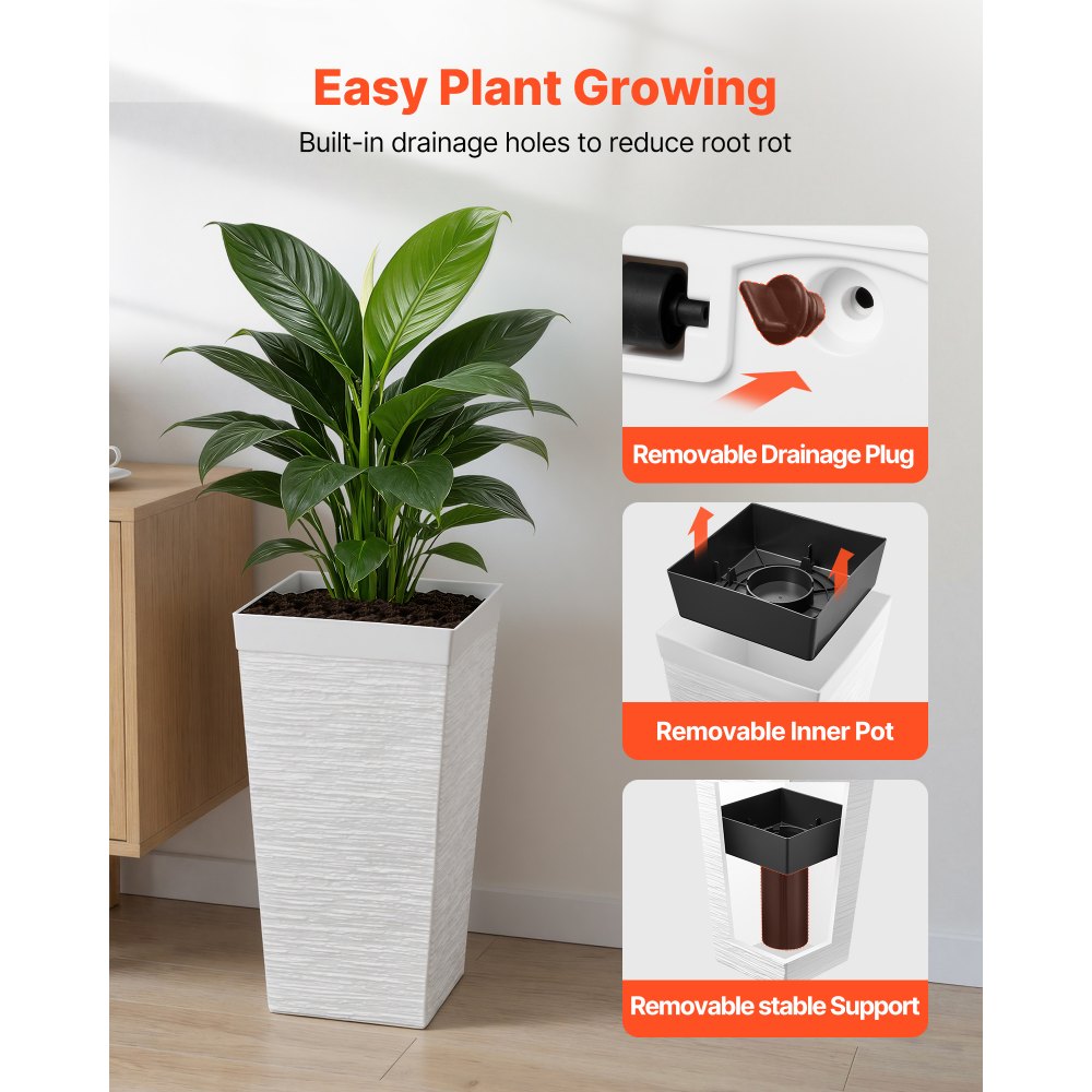 VEVOR Bloempot 300x300x580 mm 2-delige set, bloempot, plantenbak, PP plantenbak met binnenpot en drainagegaten, geschikt voor kamer- en tuinplanten, wit