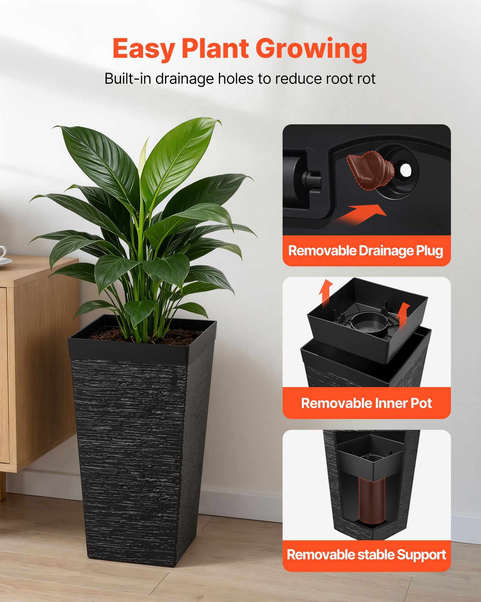 VEVOR Bloempot 300x300x580 mm 2-pack, Bloempot, Plantenbak, PP Plantenbak, Plantenbak met Binnenpot en Afwateringsgaten, Geschikt voor Kamer- en Tuinplanten, Zwart