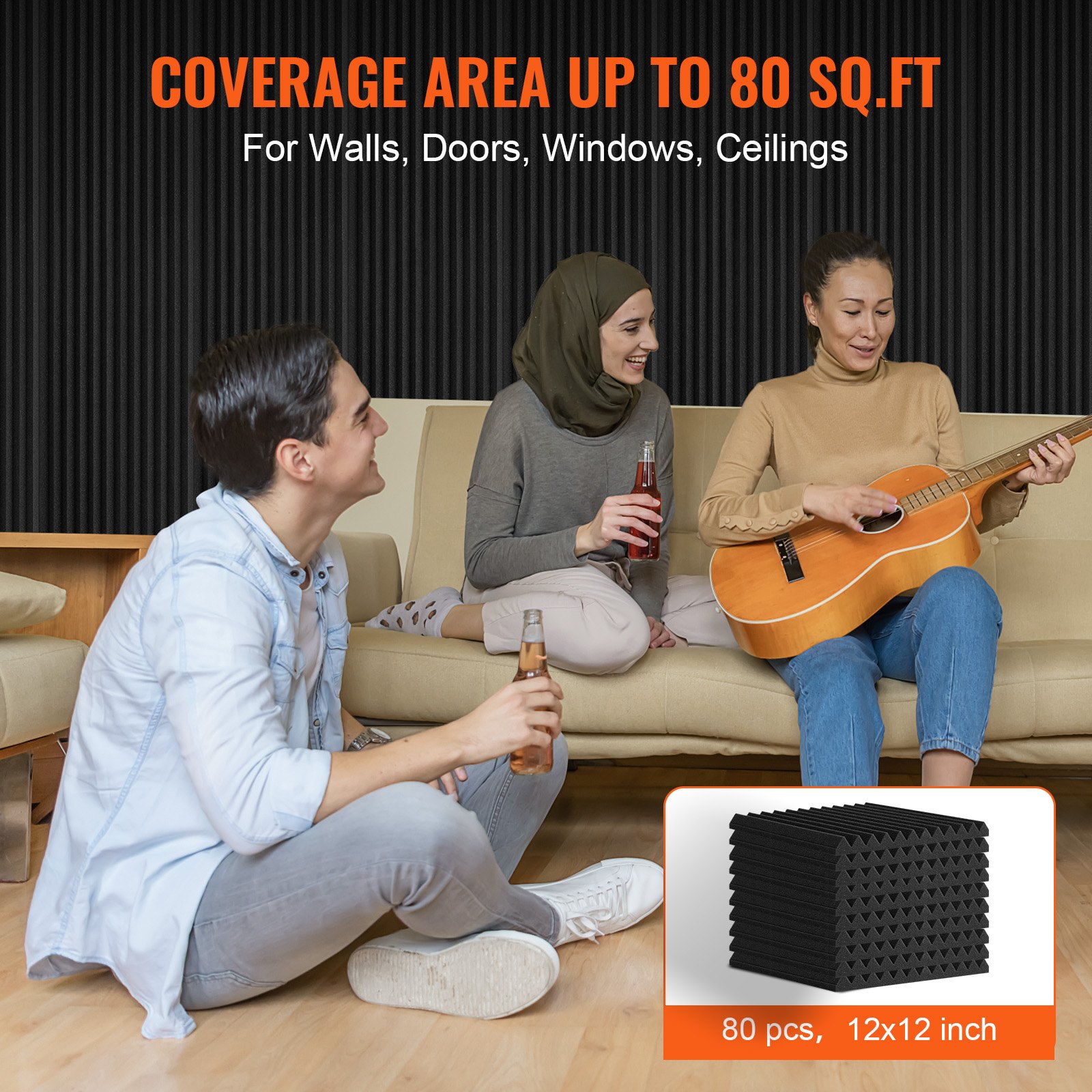 VEVOR akoestische schuimpanelen, set van 80, 300x300x25mm, geluidsisolerende wandpanelen met hoge dichtheid, akoestische panelen, akoestische schuimmatten voor studiowanden en -plafonds, zwart