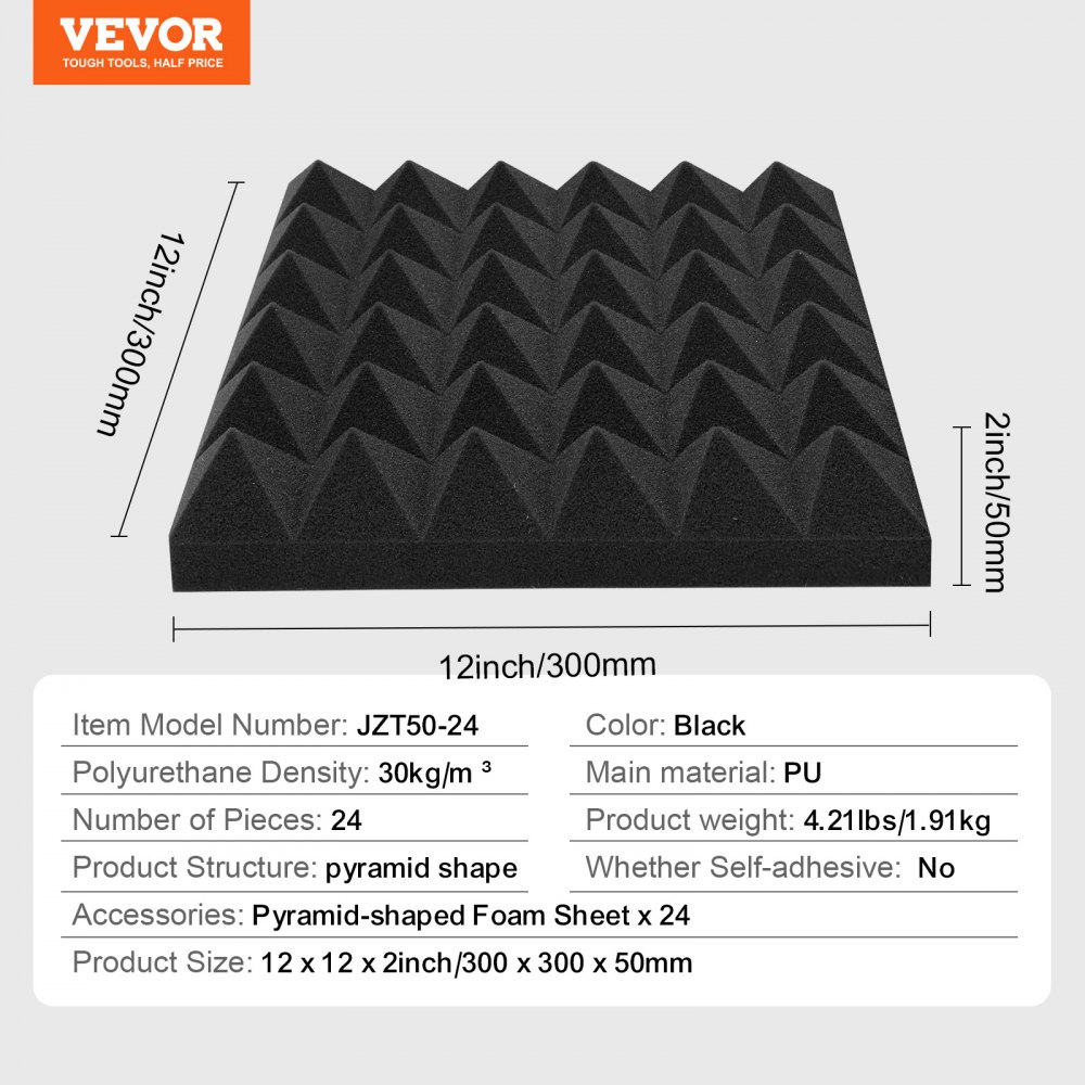 VEVOR Acoustic Foam Panels, 24 Pack 12 x 12 x 2 inches, Pyramid Soundproof Wall Panels,Fire-Resistant Acoustic Panels,Sound Dampening Absorbing Panels for Studio Wall and Ceiling,Black
