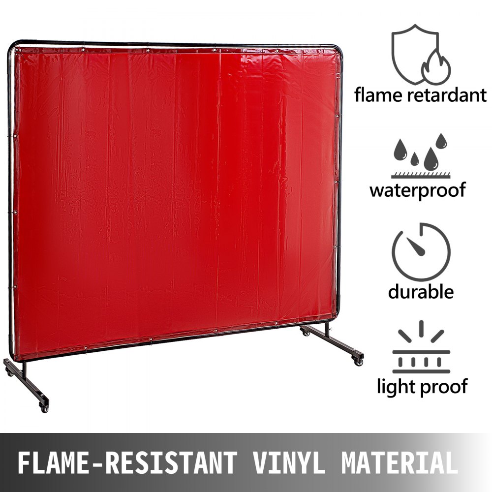 VEVOR 8' x 6' Welding Screen with Frame Red Vinyl Portable Welding Curtain with Wheels Welding Protection Screen