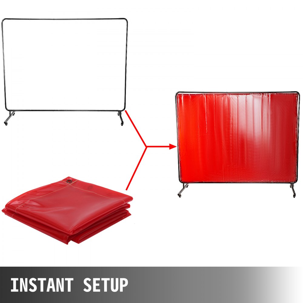 VEVOR 8' x 6' Welding Screen with Frame Red Vinyl Portable Welding Curtain with Wheels Welding Protection Screen
