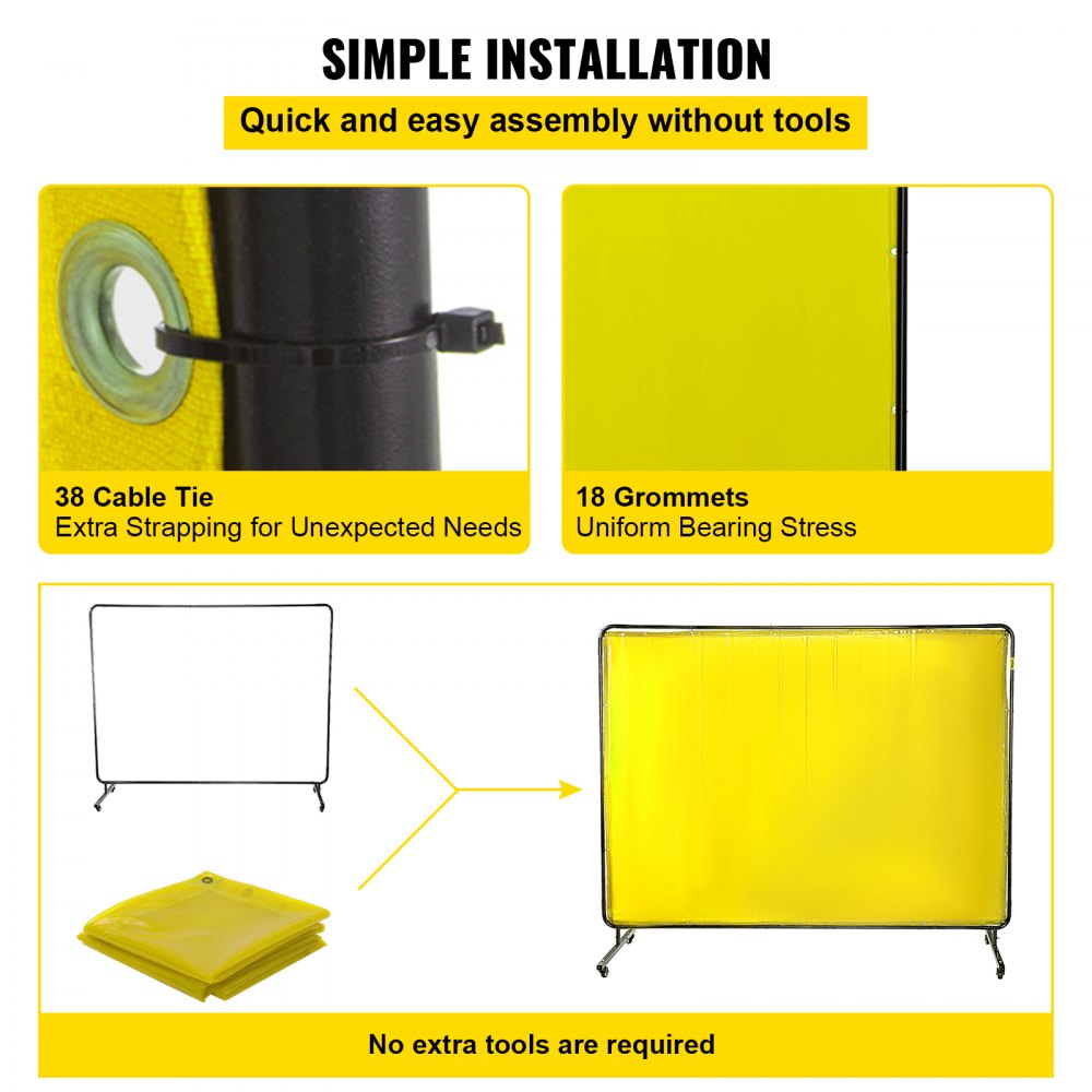 VEVOR 8' x 6' Welding Screen with Frame Yellow Vinyl Portable Welding Curtain with Wheels Welding Protection Screen