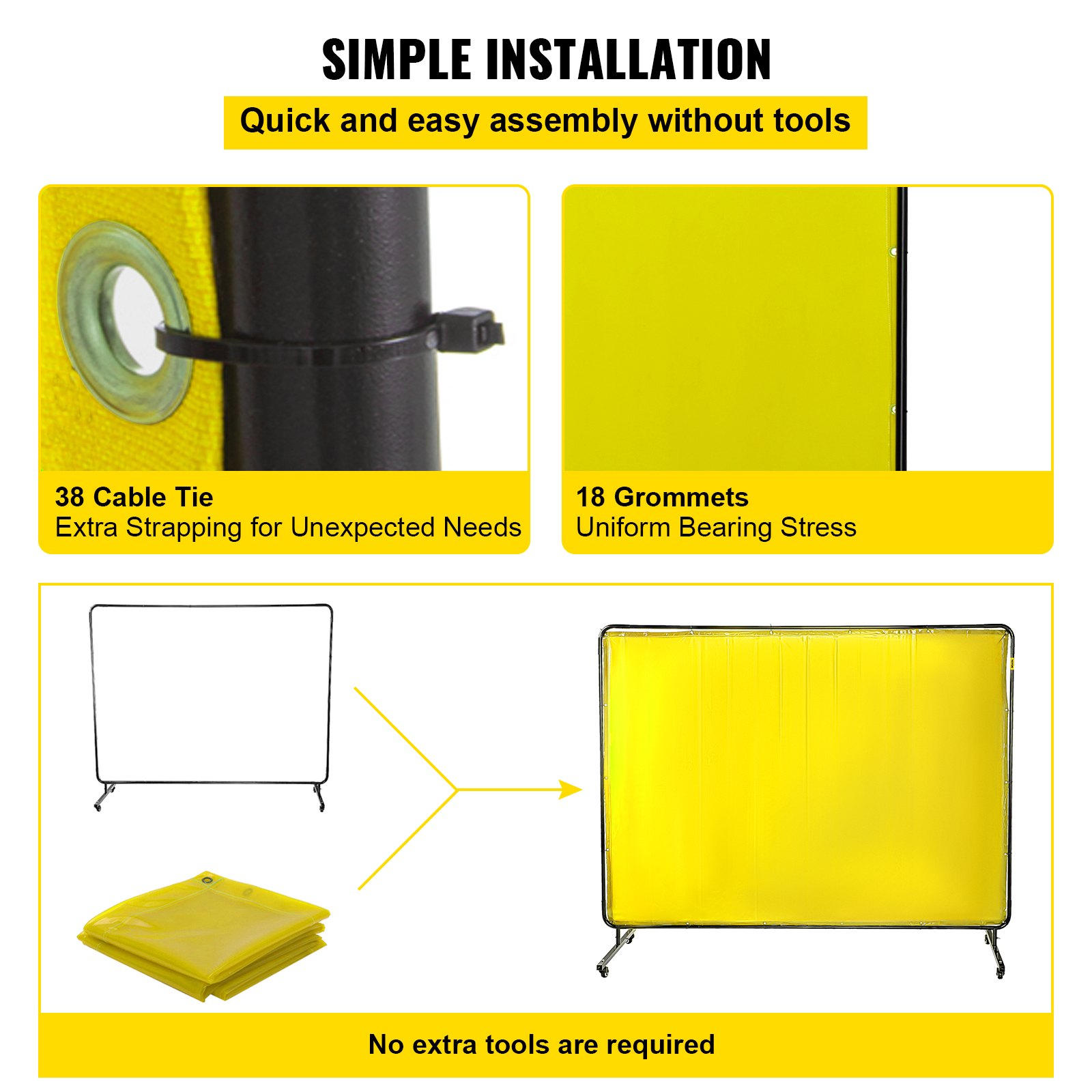 VEVOR 8' x 6' Welding Screen with Frame Yellow Vinyl Portable Welding Curtain with Wheels Welding Protection Screen