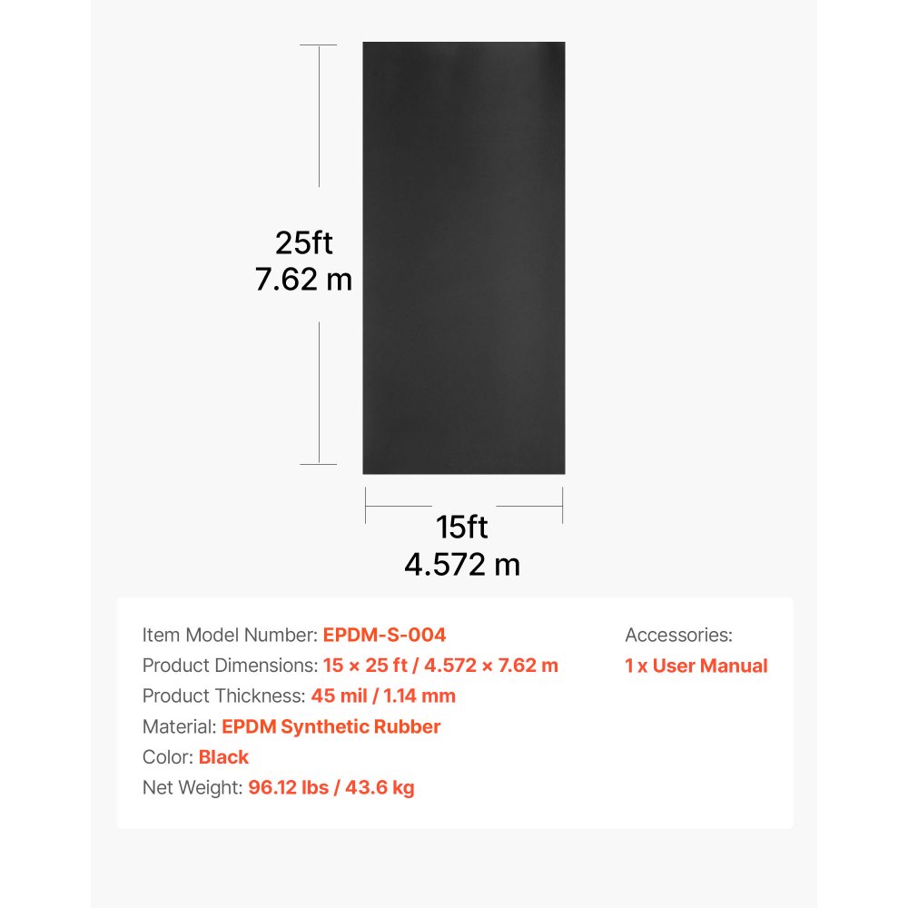 VEVOR Dakbedekking, 4,572 x 7,62 m, Dakbedekking, 1,14 mm EPDM-folie, Waterdichting voor carports, Duurzaam en weerbestendig, Dakwaterdichting, Dakbedekking voor campers, Daken, Vijvers
