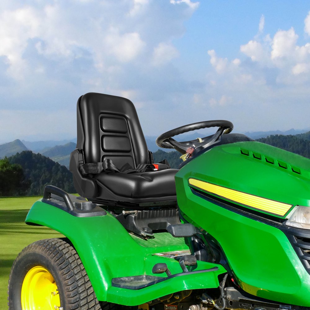 VEVOR Universal Tractor Seat, High Back, Folding Forklift Seat with Retractable Seat Belt, Adjustable Backrest and Slide Rail Waterproof PVC Mower Seat, Fit Excavator, Forklift, Skid Loader, Black