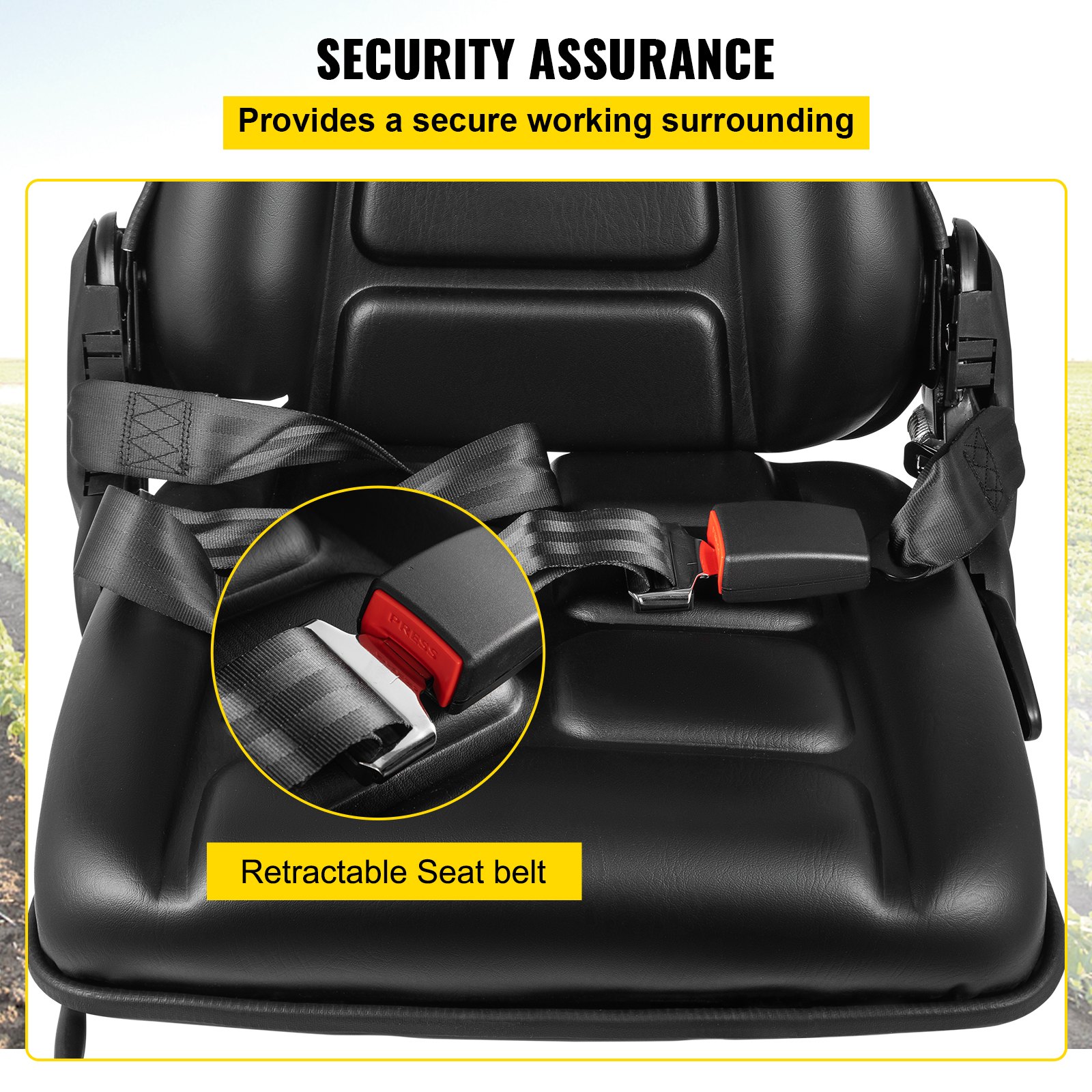 VEVOR Universal Tractor Seat, High Back, Folding Forklift Seat with Retractable Seat Belt, Adjustable Backrest and Slide Rail Waterproof PVC Mower Seat, Fit Excavator, Forklift, Skid Loader, Black