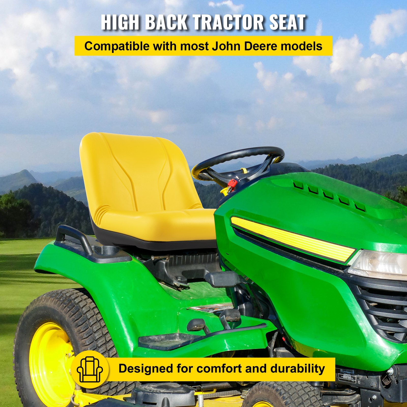 VEVOR Universal Tractor Seat, Industrial High Back, PVC Lawn and Garden Mower Seat Replacement, Drain Hole Steel Frame Compact Forklift Seat, Compatible with Excavator, Mower, Forklift, Yellow