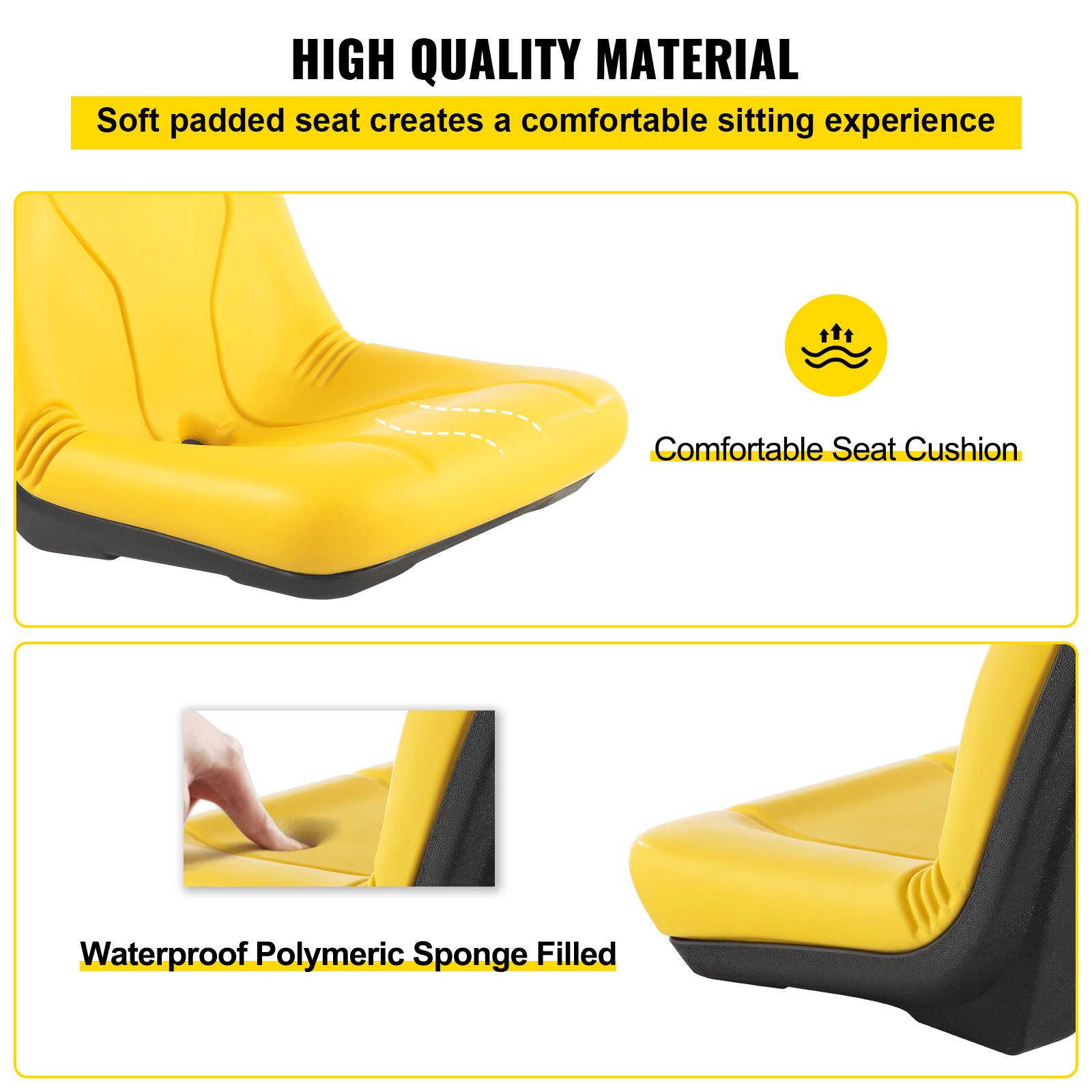 VEVOR Universal Tractor Seat, Industrial High Back, PVC Lawn and Garden Mower Seat Replacement, Drain Hole Steel Frame Compact Forklift Seat, Compatible with Excavator, Mower, Forklift, Yellow