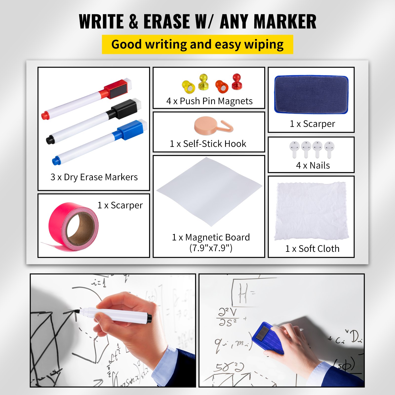 VEVOR White Board Paper, 6x4 ft, Dry Erase Whiteboard Sticker with Adhesive Backing, Peel and Stick PET Surface, Removable, No Ghost for Kids, Home, and Office, 3 Markers, 4 Push Pin Magnets, & Eraser