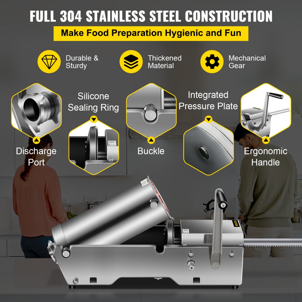 VEVOR 3L roestvrijstalen horizontale chorizo-vuller Handmatige worstvuller om worst te maken Chorizo-hotdogs Braadworst Geschikt voor zowel huishoudelijk als commercieel gebruik (10L)