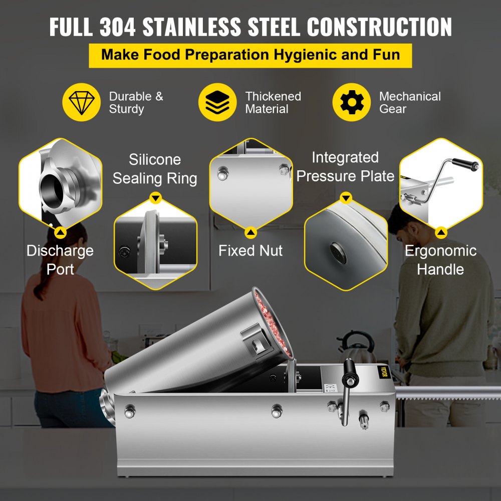 VEVOR Manual Sausage Stuffer, 5 L / 11 LBS Horizontal Sausage Machine, Dual-Speed Meat Stuffer, Made of Food-Grade 304 Stainless Steel, Includes 5 Stuffing Tubes, for Home Kitchen Restaurant Commercia