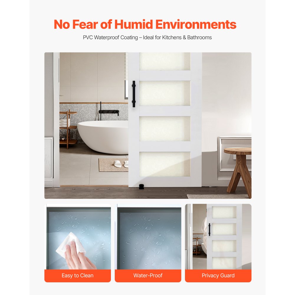 VEVOR schuifdeursysteem in schuurstijl (762 x 2134 mm) gemaakt van zeer sterk MDF-paneel en matglas, schuurdeur met beslagset en waterdicht PVC-oppervlak en H-frame voor badkamers