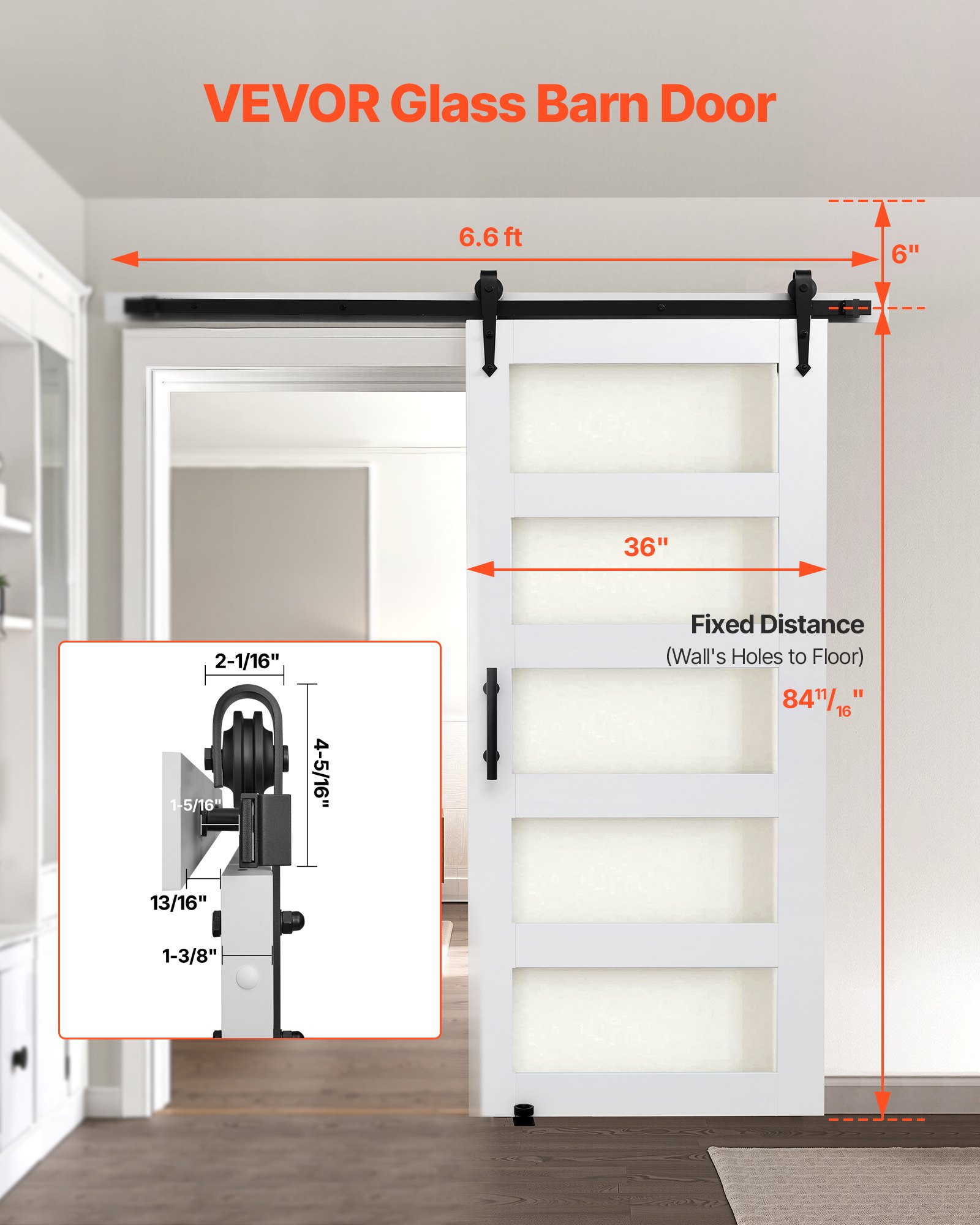 VEVOR Schuifdeursysteem (914 x 2134 mm) Gemaakt van zeer sterke MDF-platen en matglas, schuurdeur met bevestigingsset en waterdicht PVC-oppervlak en H-frame voor badkamer