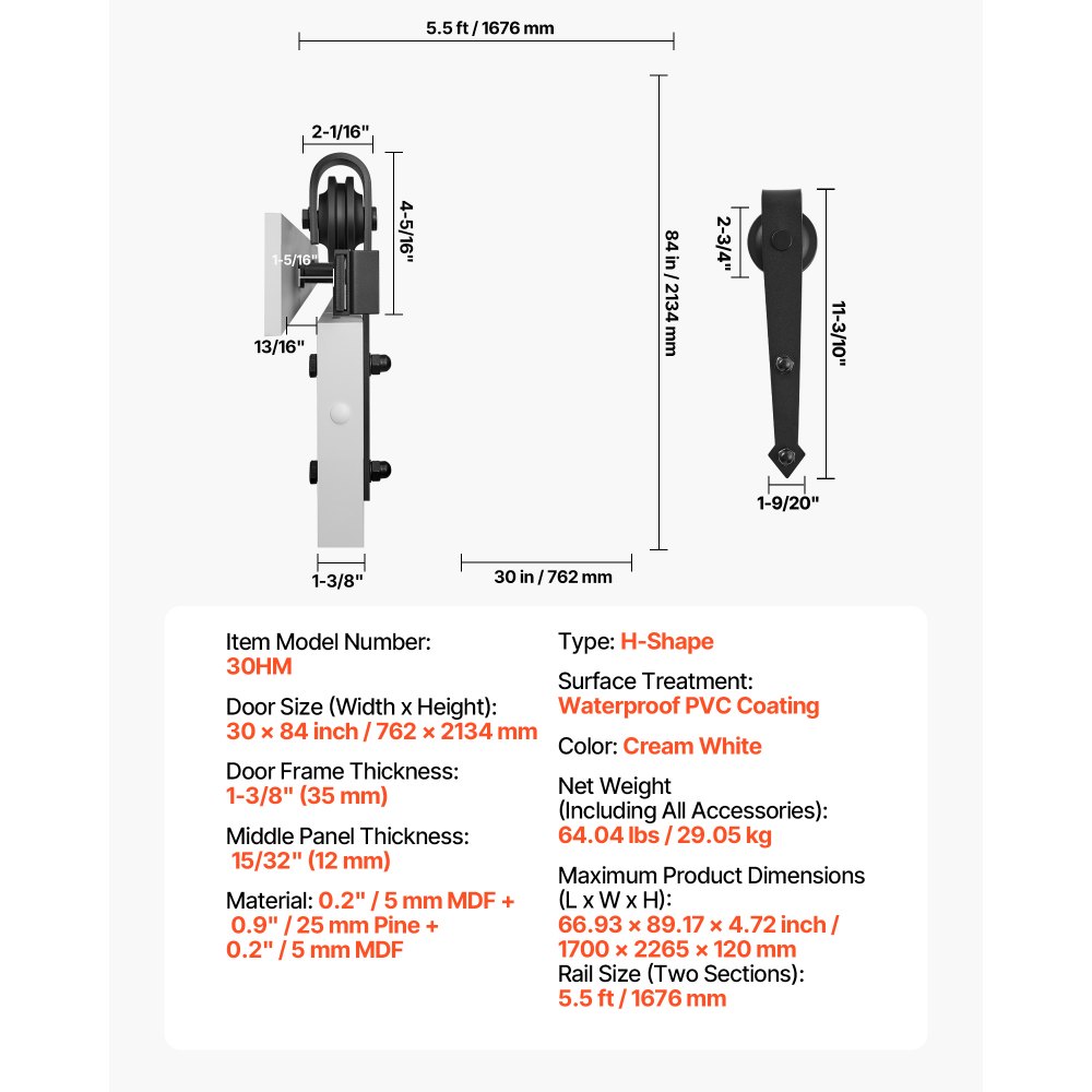 VEVOR Schuifdeursysteem (762 x 2134 mm) Gemaakt van zeer sterke MDF-platen, schuurdeur met bevestigingsset en waterdicht PVC-oppervlak en H-frame voor woonkamer badkamer wit
