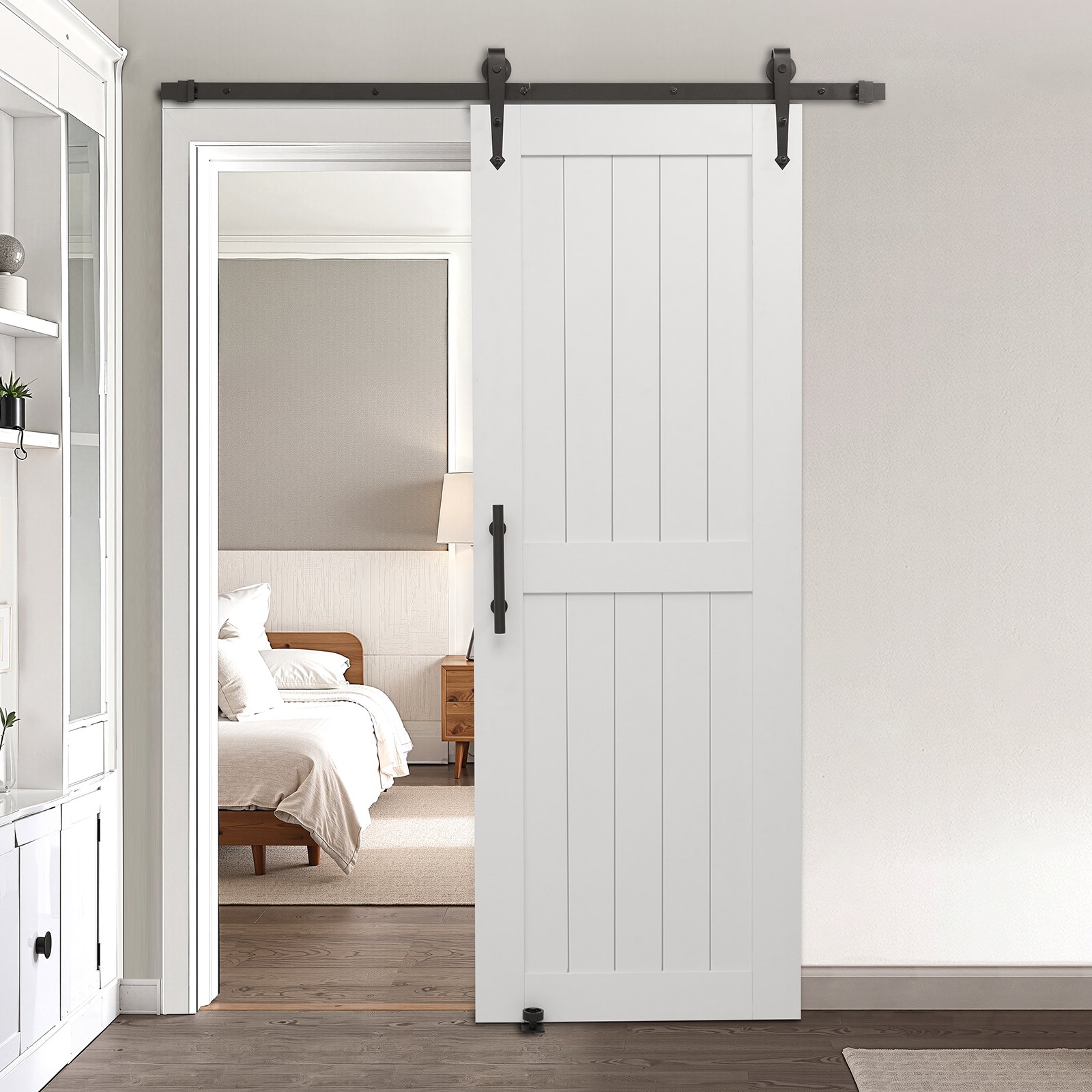 VEVOR Schuifdeursysteem (762 x 2134 mm) Gemaakt van zeer sterke MDF-platen, schuurdeur met bevestigingsset en waterdicht PVC-oppervlak en H-frame voor woonkamer badkamer wit