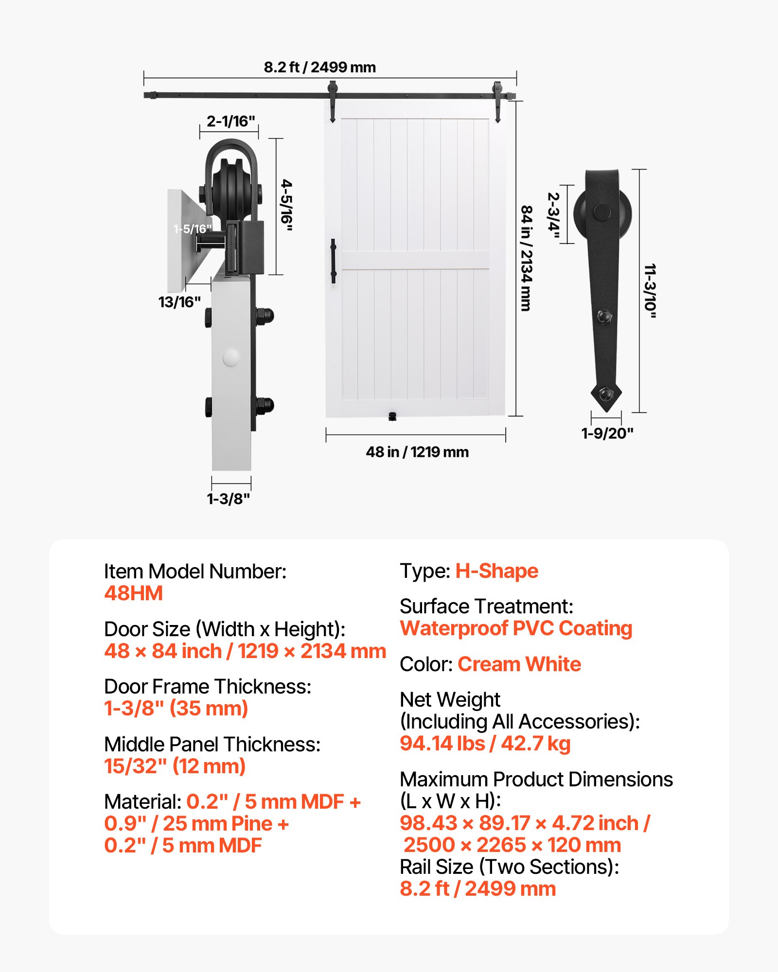 VEVOR Schuifdeursysteem (1219 x 2134 mm) Gemaakt van zeer sterke MDF-platen, schuurdeur met bevestigingsset en waterdicht PVC-oppervlak en H-frame voor woonkamer badkamer wit