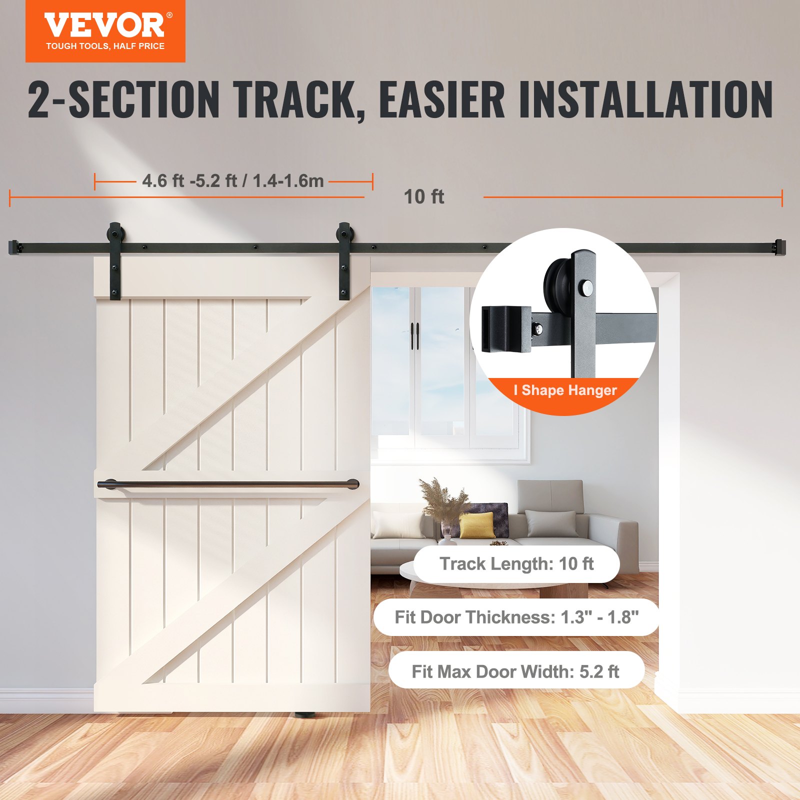 VEVOR 10FT Sliding Barn Door Hardware Kit, 330LBS Loading Heavy Duty Barn Door Track Kit for Single Door, Fit 4.6-5.2FT Wide and 1.3"-1.8" Thick Door Panel, with Smooth & Silent Pulley (I Shape)