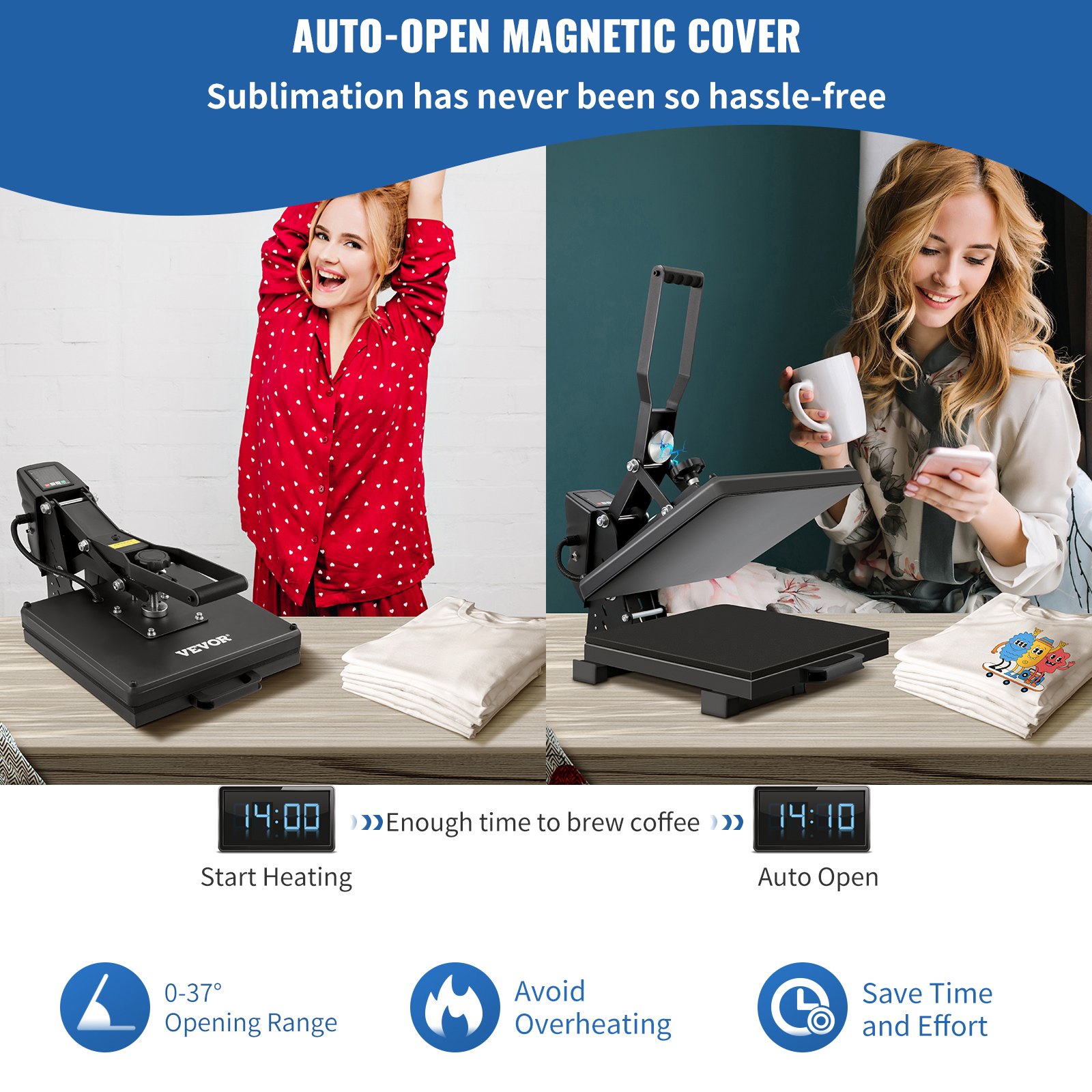 VEVOR Auto Heat Press, 15x15 Magnetic Semi-automatic Heat Press Machine, Digital Clamshell Sublimation Transfer Teflon Coated, Heat Printing Press DIY T-shirts Canvas Bags Pads Photos 220V
