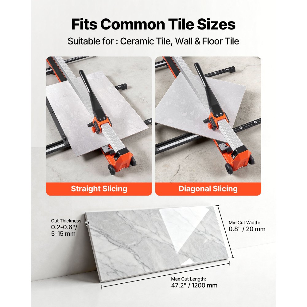 VEVOR 47.2-Inch Manual Tile Cutter, Upgraded Rail and Sliding Head, Precision Alignment Guide, Tungsten Carbide Cutting Wheel, Support Legs with Swivel Wheels, for DIY Pros, Ceramic, Floor, Wall Tiles