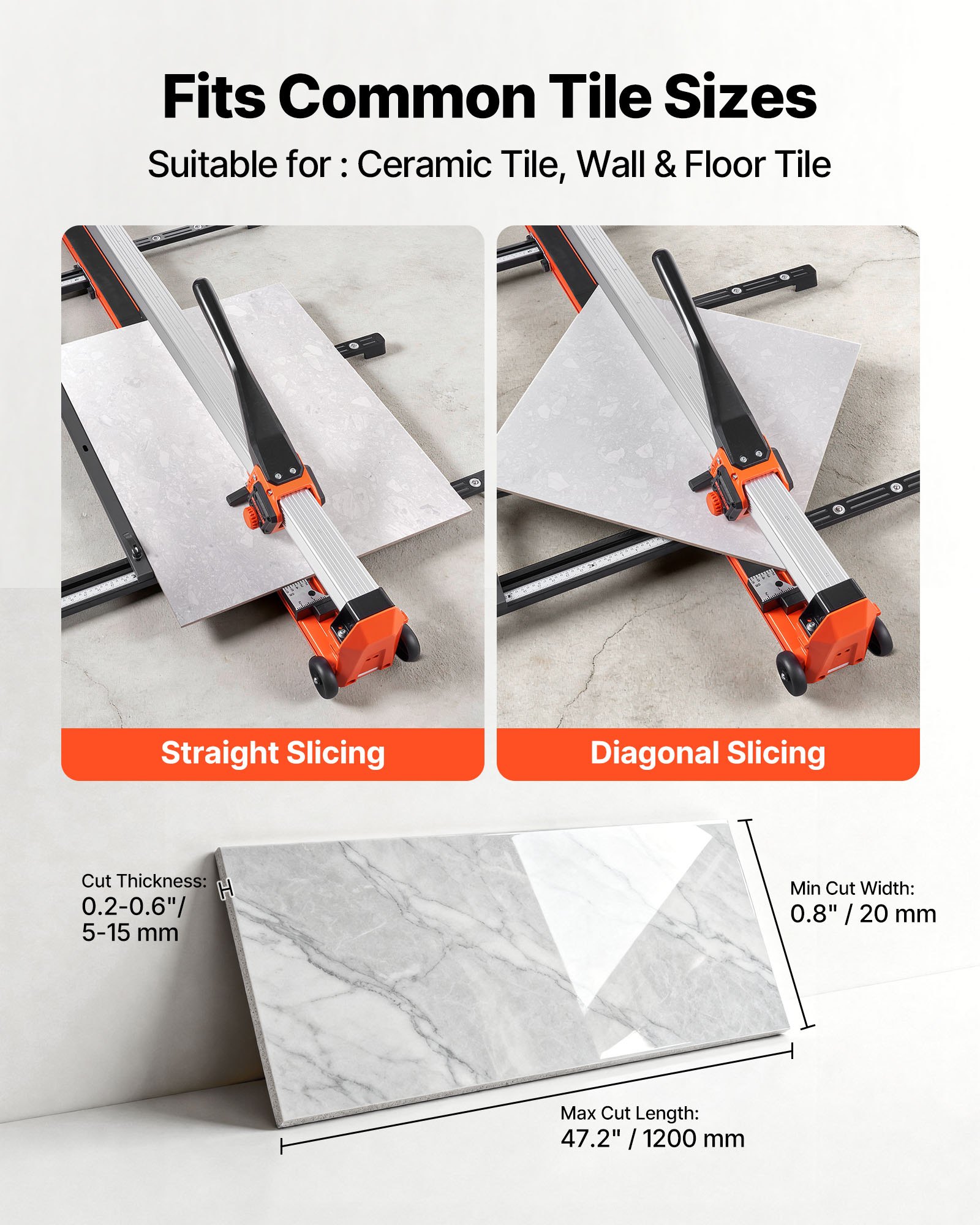 VEVOR 47.2-Inch Manual Tile Cutter, Upgraded Rail and Sliding Head, Precision Alignment Guide, Tungsten Carbide Cutting Wheel, Support Legs with Swivel Wheels, for DIY Pros, Ceramic, Floor, Wall Tiles